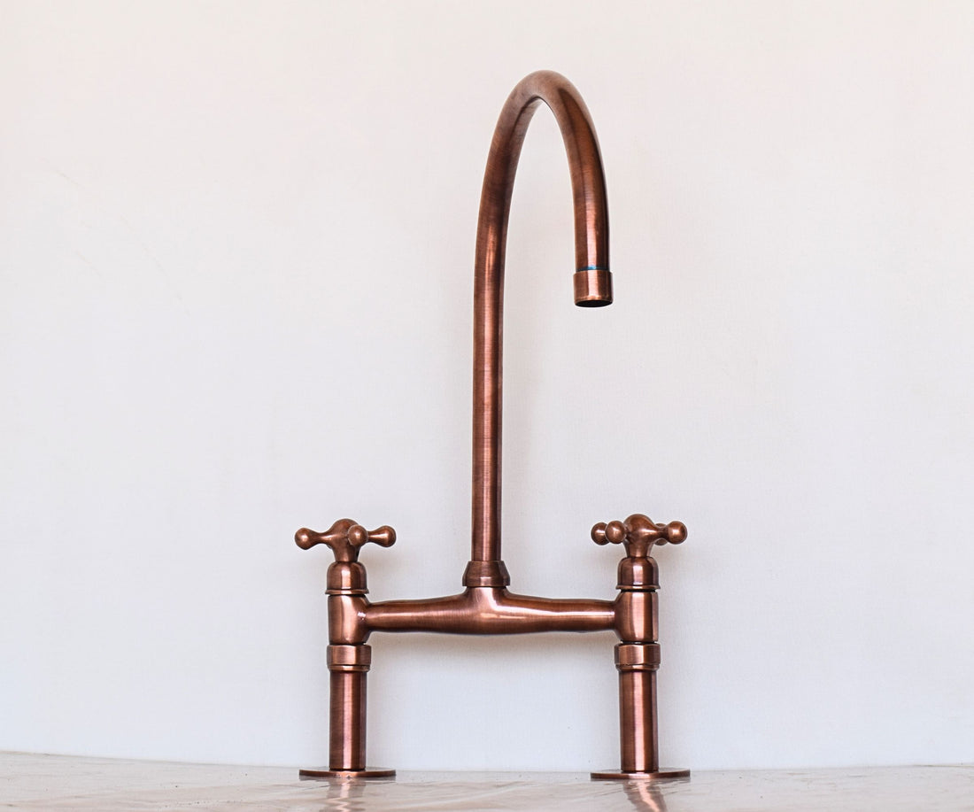 Antique Copper Kitchen Faucet – Bridge Design with Simple Handles