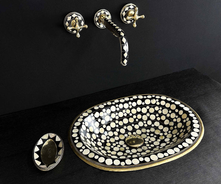 Brass Bathroom Sink with Resin and Bone Circle Accents