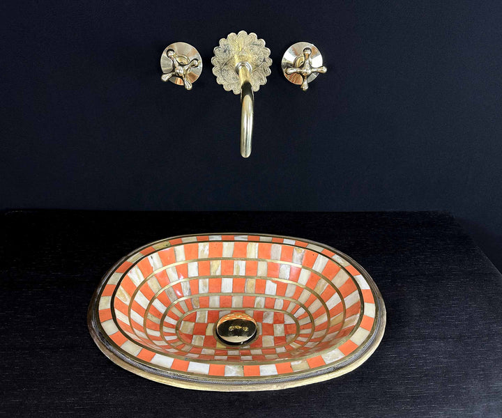 Handcrafted Brass Sink with Orange Resin and Bone Inlay