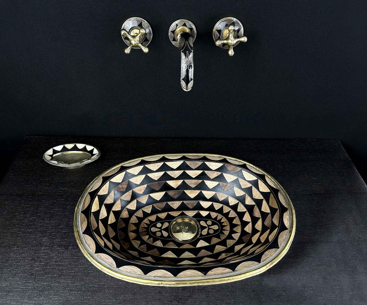 Handcrafted Oval Brass Sink with Wood and Black Resin Accents
