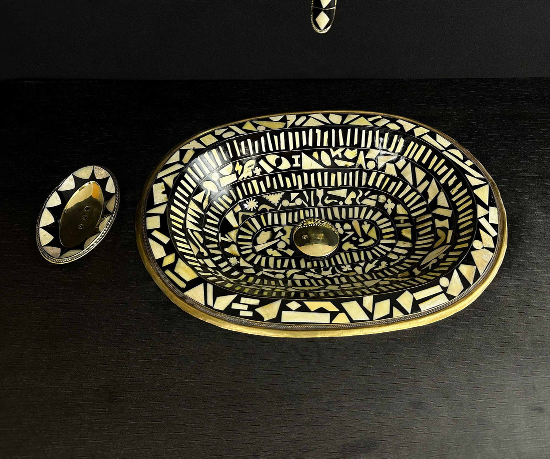 Handmade Brass Bathroom Sink with Bone and Resin - Historical Engravings