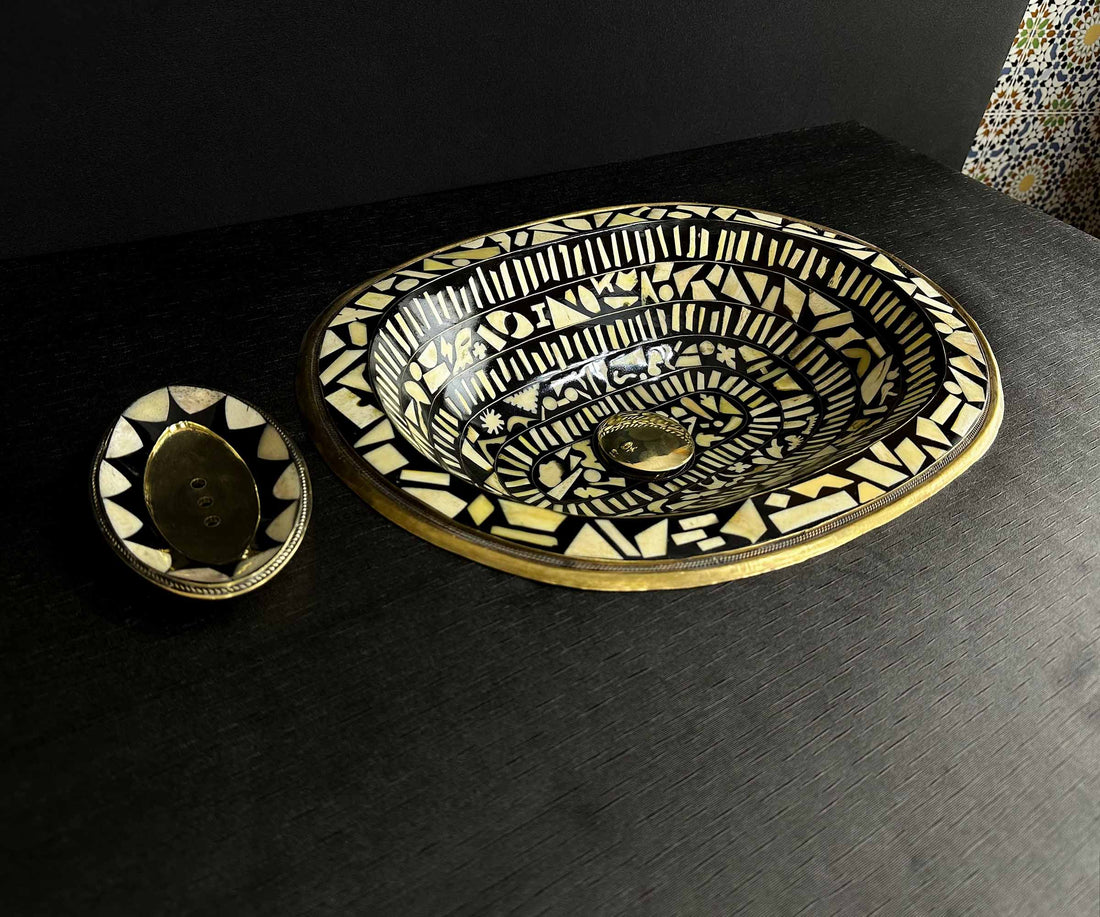 Handmade Brass Bathroom Sink with Bone and Resin - Historical Engravings