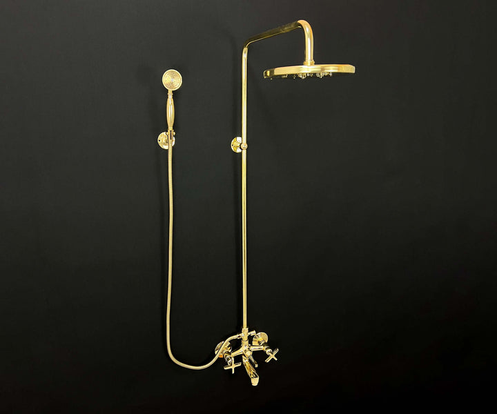 LuxeBrass Unlacquered Brass Shower System with Tub Filler, Hand Shower, and Rain Showerhead