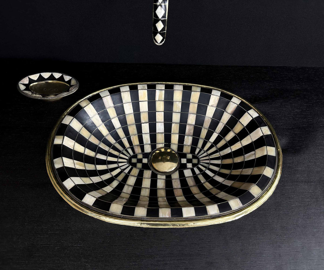 Unlacquered Brass Drop-In Sink Adorned with Resin and Bone Elements
