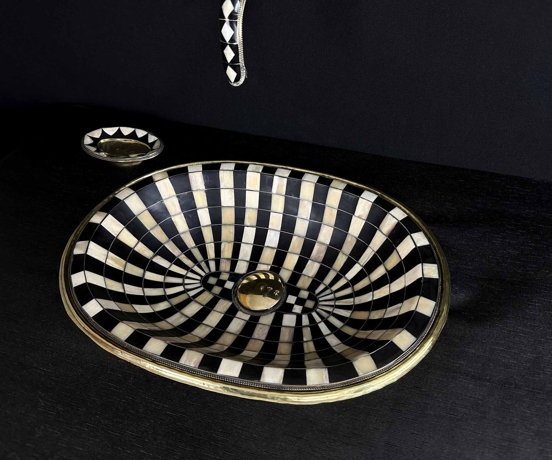 Unlacquered Brass Drop-In Sink Adorned with Resin and Bone Elements