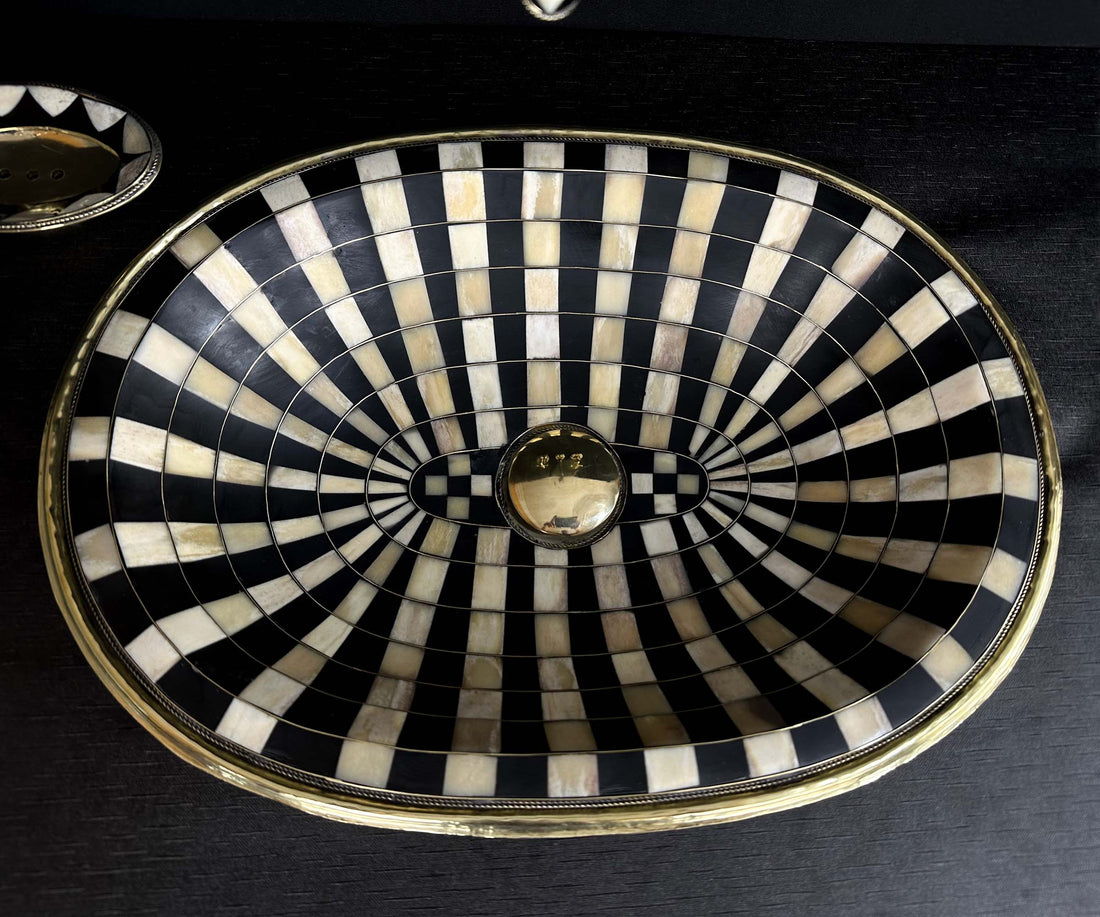 Unlacquered Brass Drop-In Sink Adorned with Resin and Bone Elements