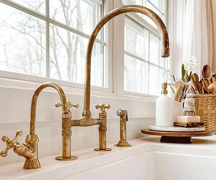 Unlacquered Brass Bridge Faucet with Sprayer and Cold Water Tap