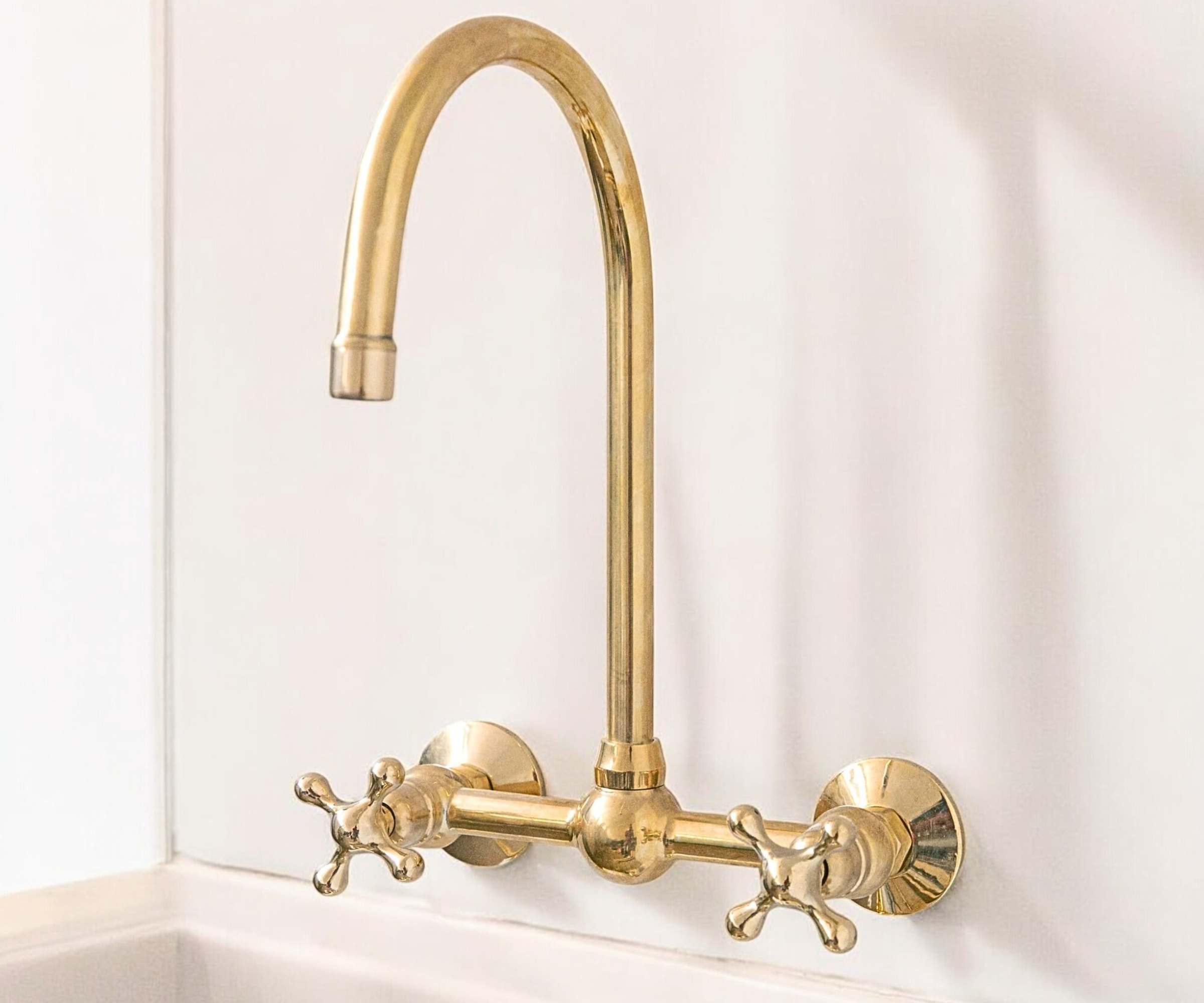 Unlacquered Brass Wall Bridge Faucet with Gooseneck Spout &amp; Ball Center