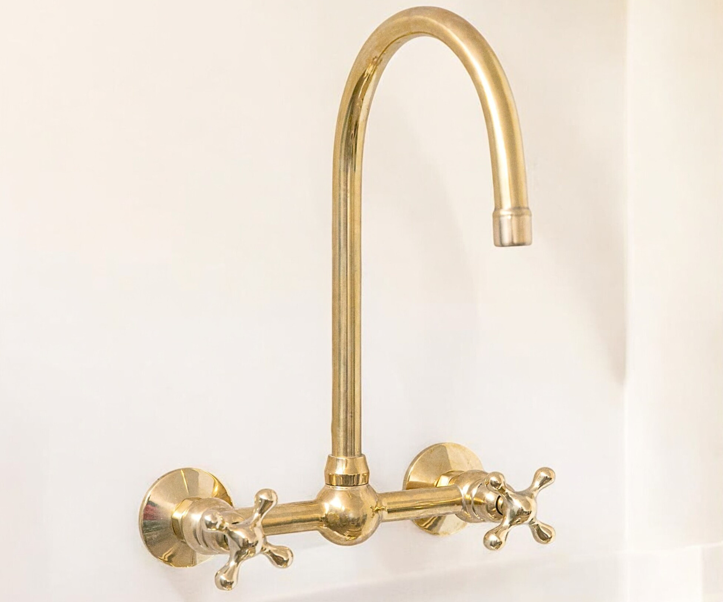 Unlacquered Brass Wall Bridge Faucet with Gooseneck Spout &amp; Ball Center