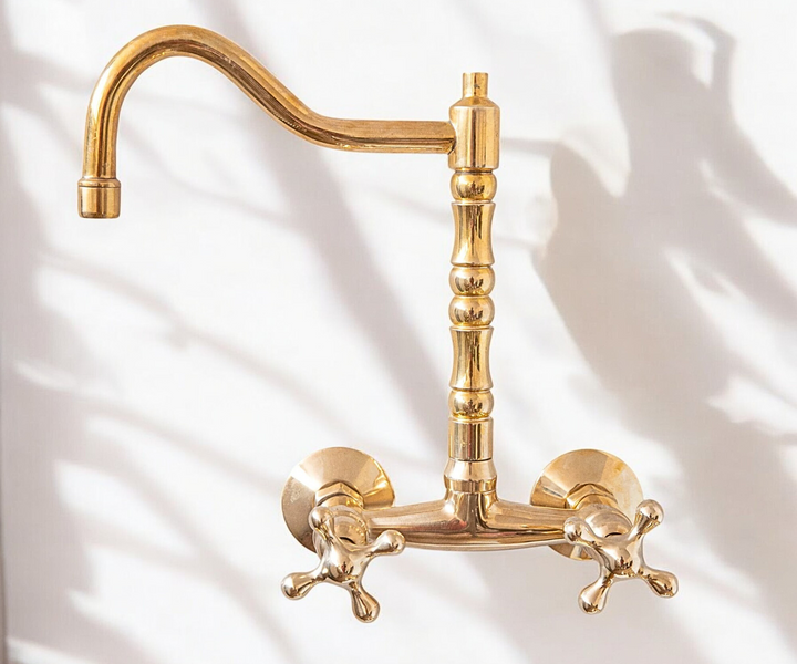 Victorian Wall-Mounted Bridge Faucet in Unlacquered Brass – Timeless Elegance