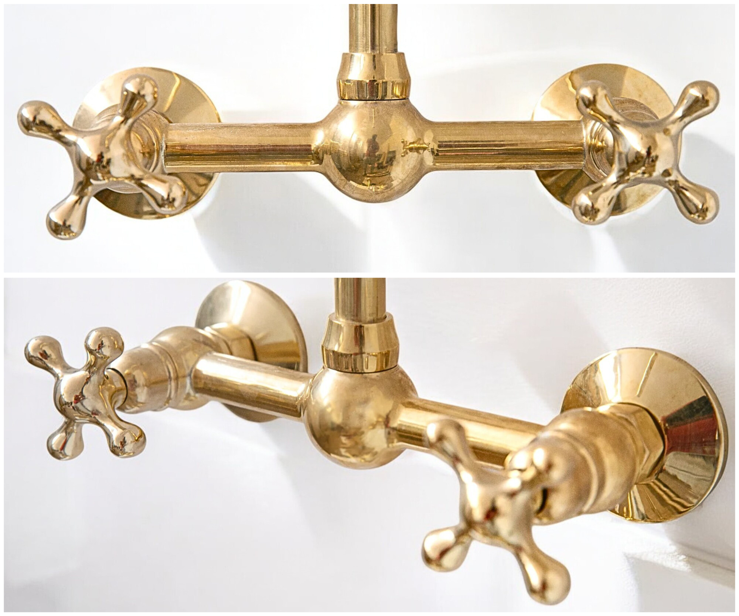 Unlacquered Brass Wall Bridge Faucet with Gooseneck Spout &amp; Ball Center