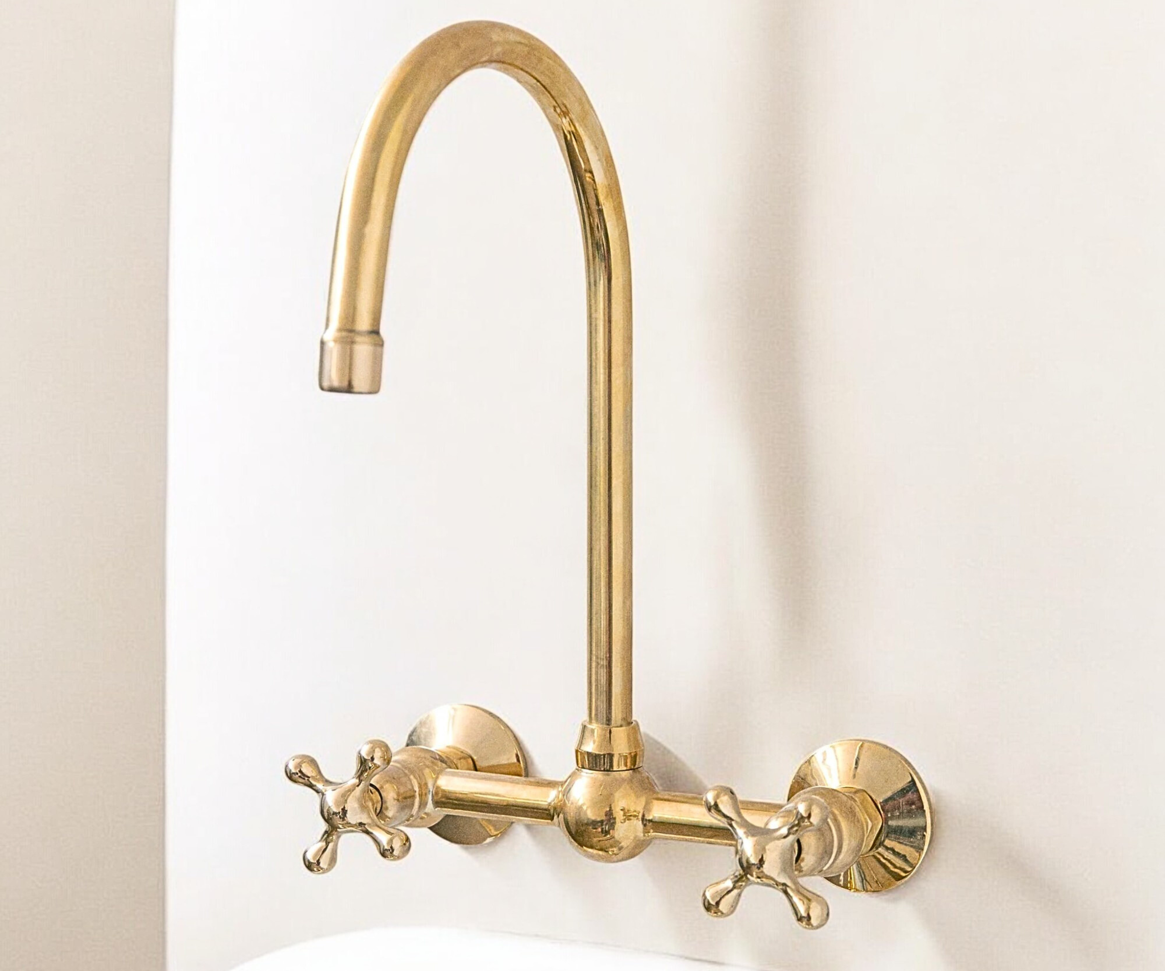 Unlacquered Brass Wall Bridge Faucet with Gooseneck Spout &amp; Ball Center