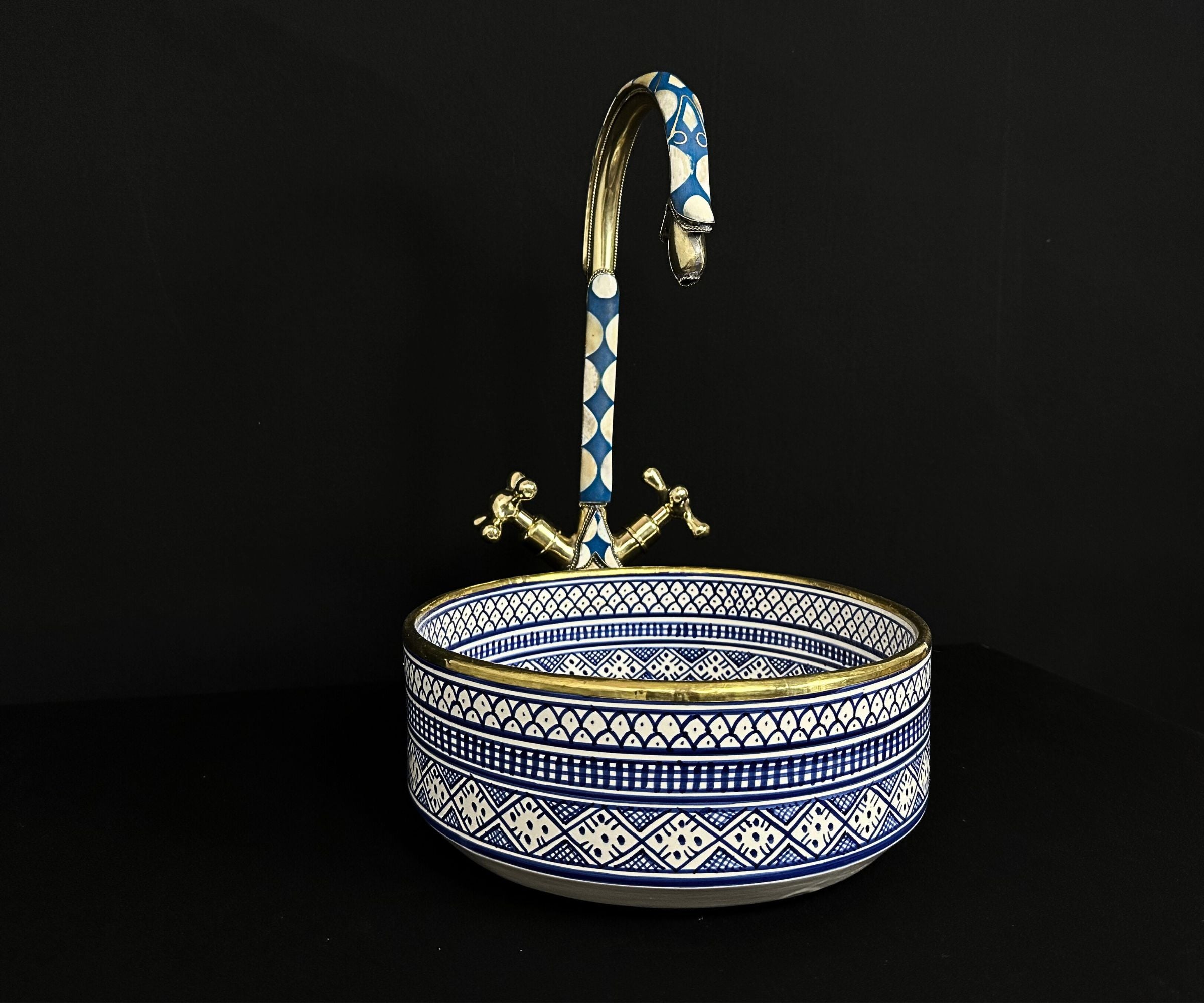 Hand Painted Ceramic Sink with Faucet Studded with Blue Resin and Bone