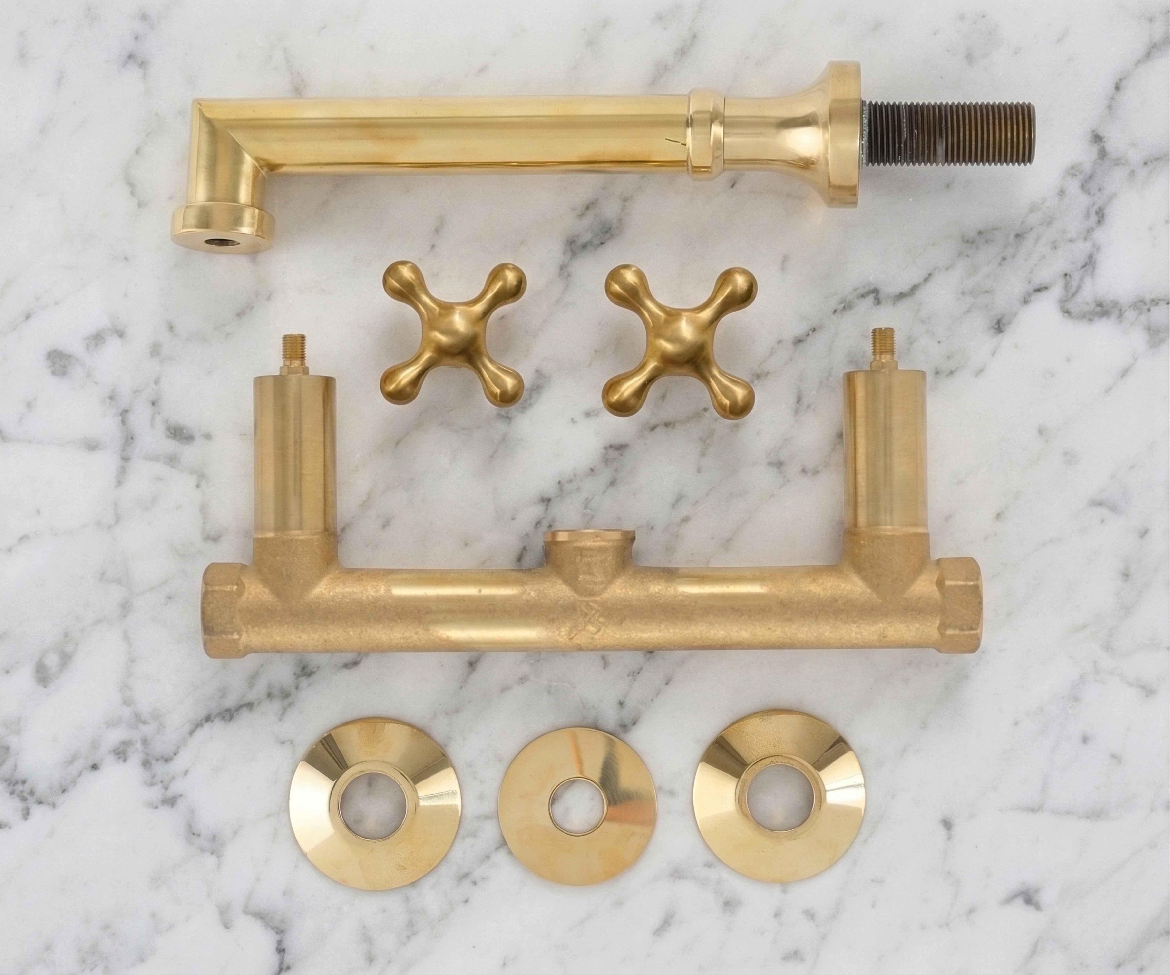 Solid Brass Wall Mount Bathroom Faucet – 8" Spout Vessel Sink Tap, Unlacquered Brass