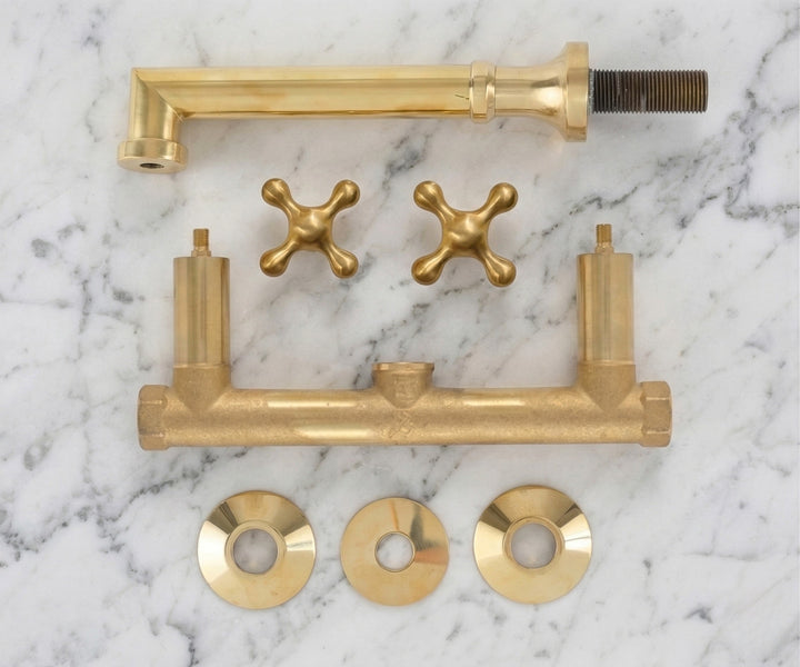 Solid Brass Wall Mount Bathroom Faucet – 8" Spout Vessel Sink Tap, Unlacquered Brass