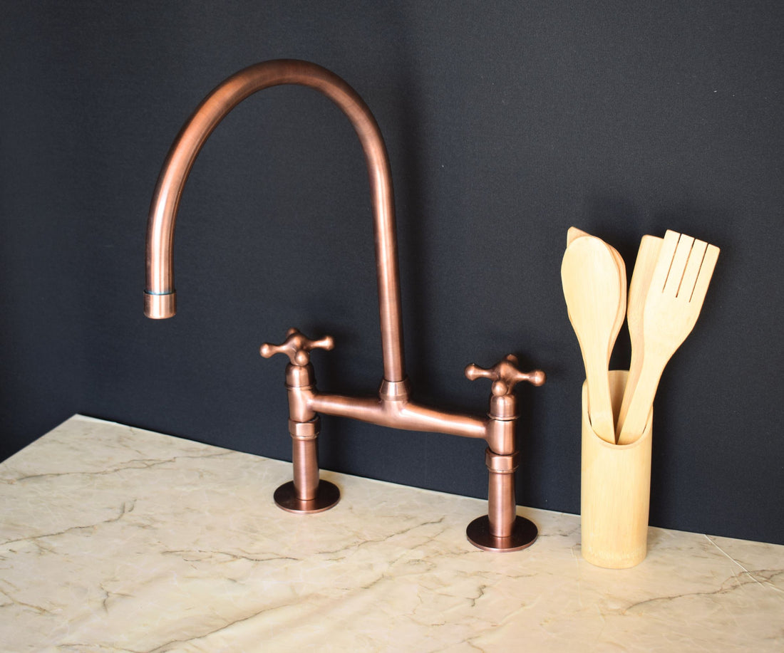 Antique Copper Kitchen Faucet – Bridge Design with Simple Handles