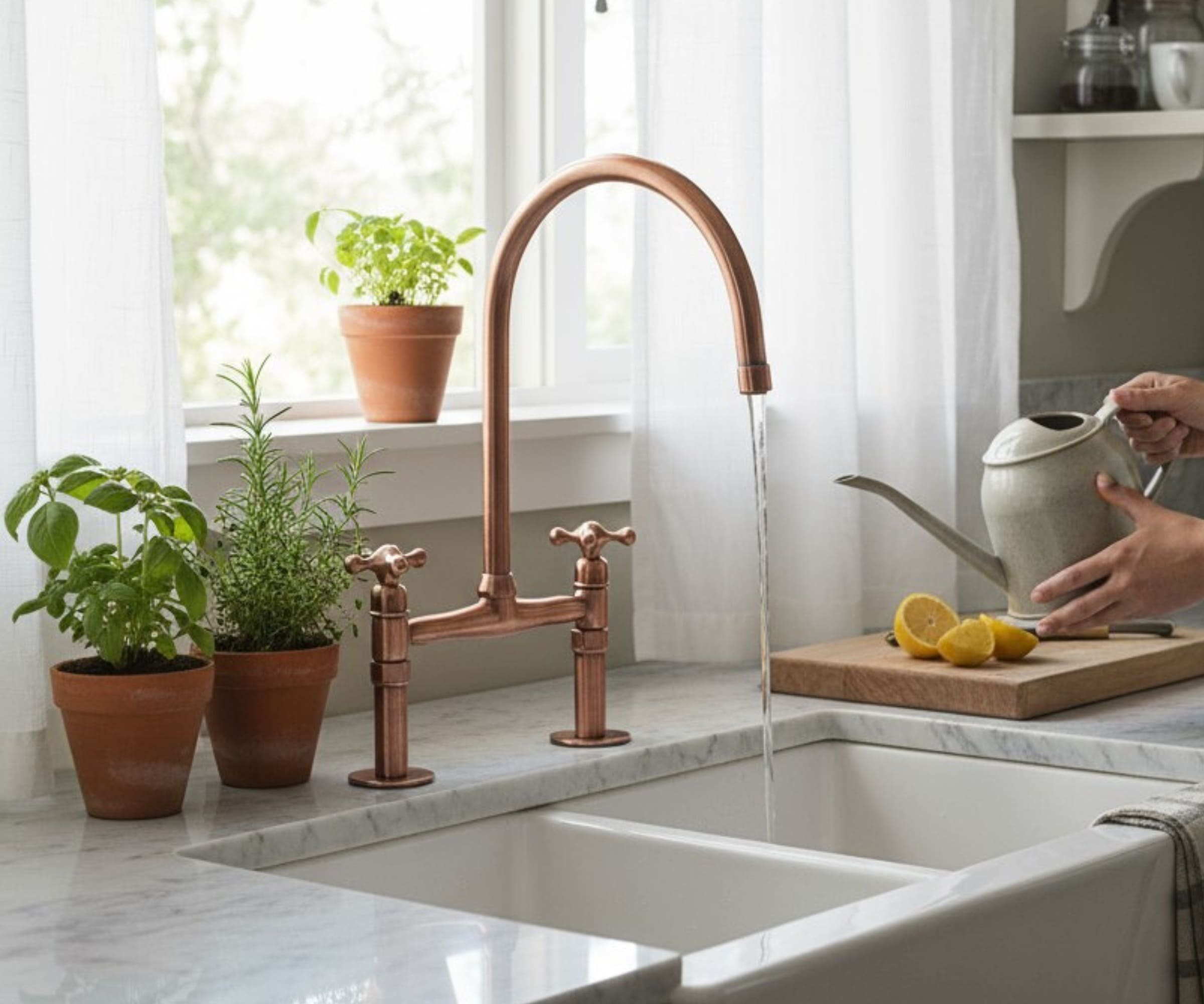 Antique Copper Kitchen Faucet – Solid Brass Bridge Faucet with Copper Finish & Swivel Spout | LuxeBrass