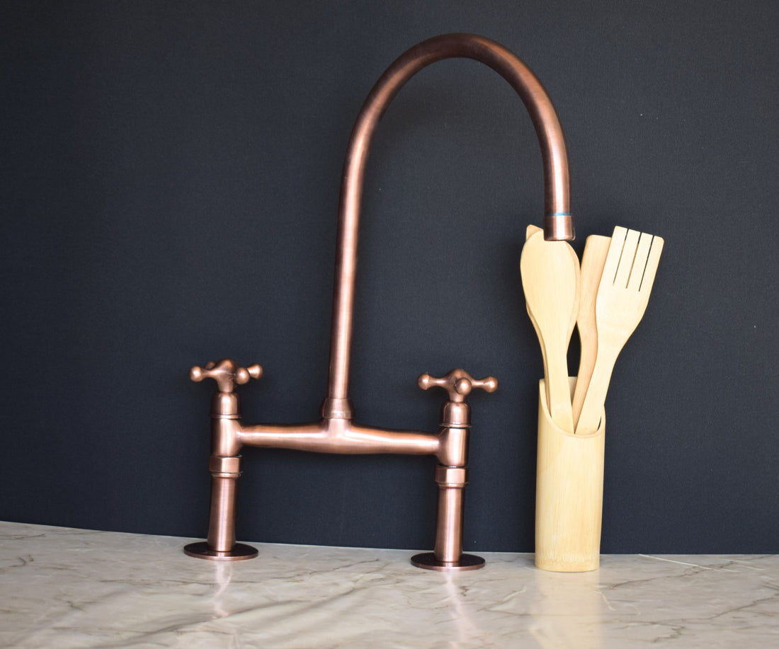 Antique Copper Kitchen Faucet – Bridge Design with Simple Handles