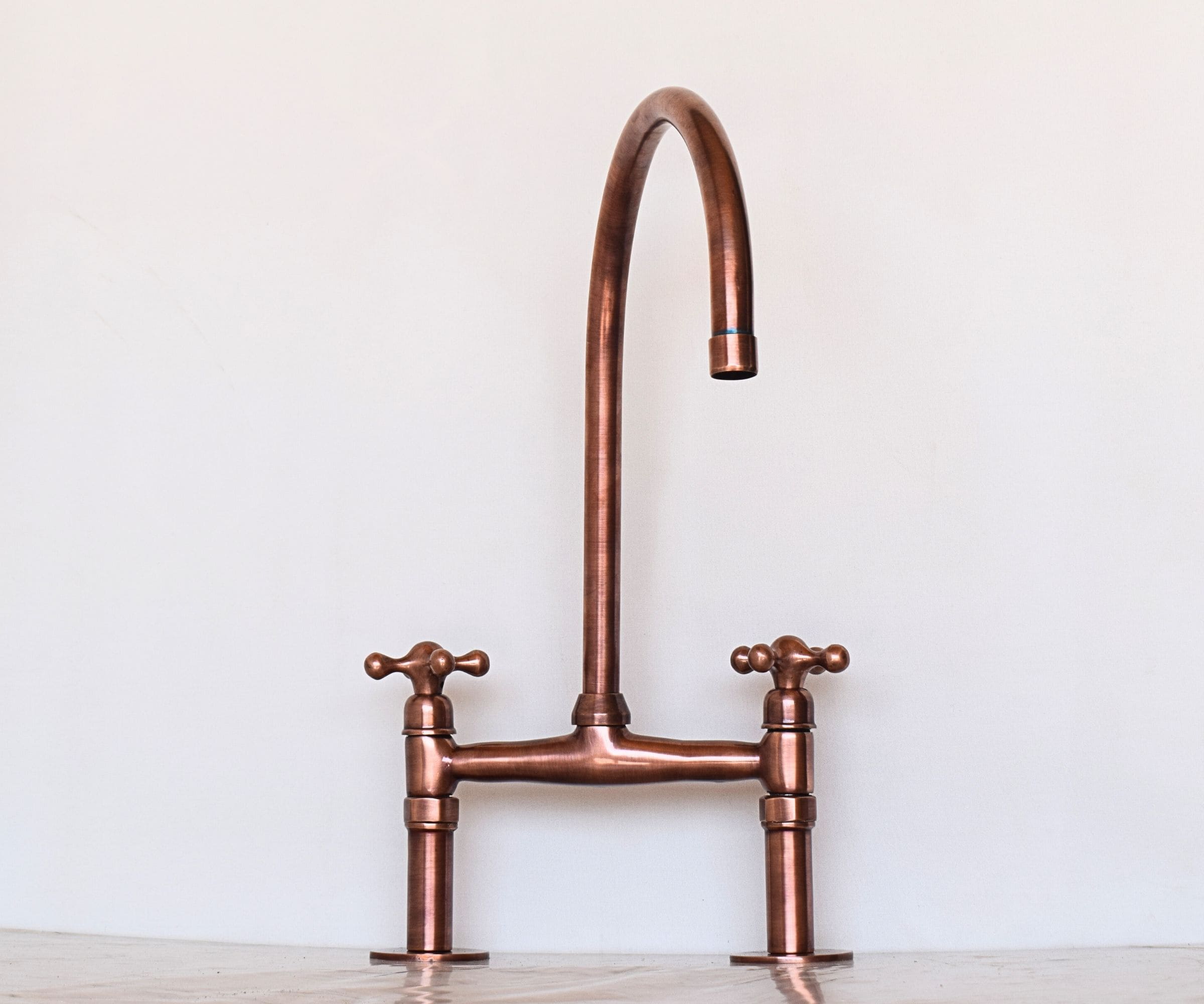 Antique Copper Kitchen Faucet – Solid Brass Bridge Faucet with Copper Finish & Swivel Spout | LuxeBrass