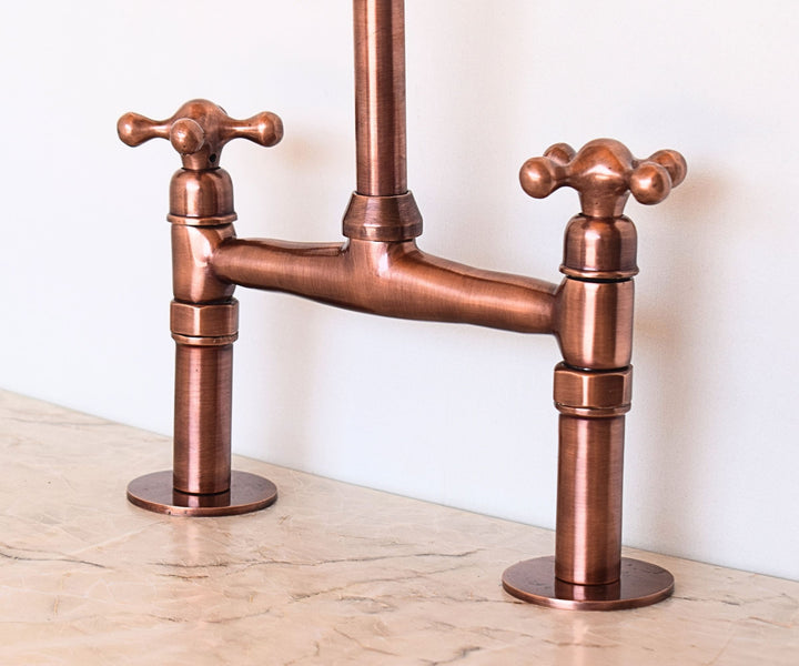 Antique Copper Kitchen Faucet – Solid Brass Bridge Faucet with Copper Finish & Swivel Spout | LuxeBrass