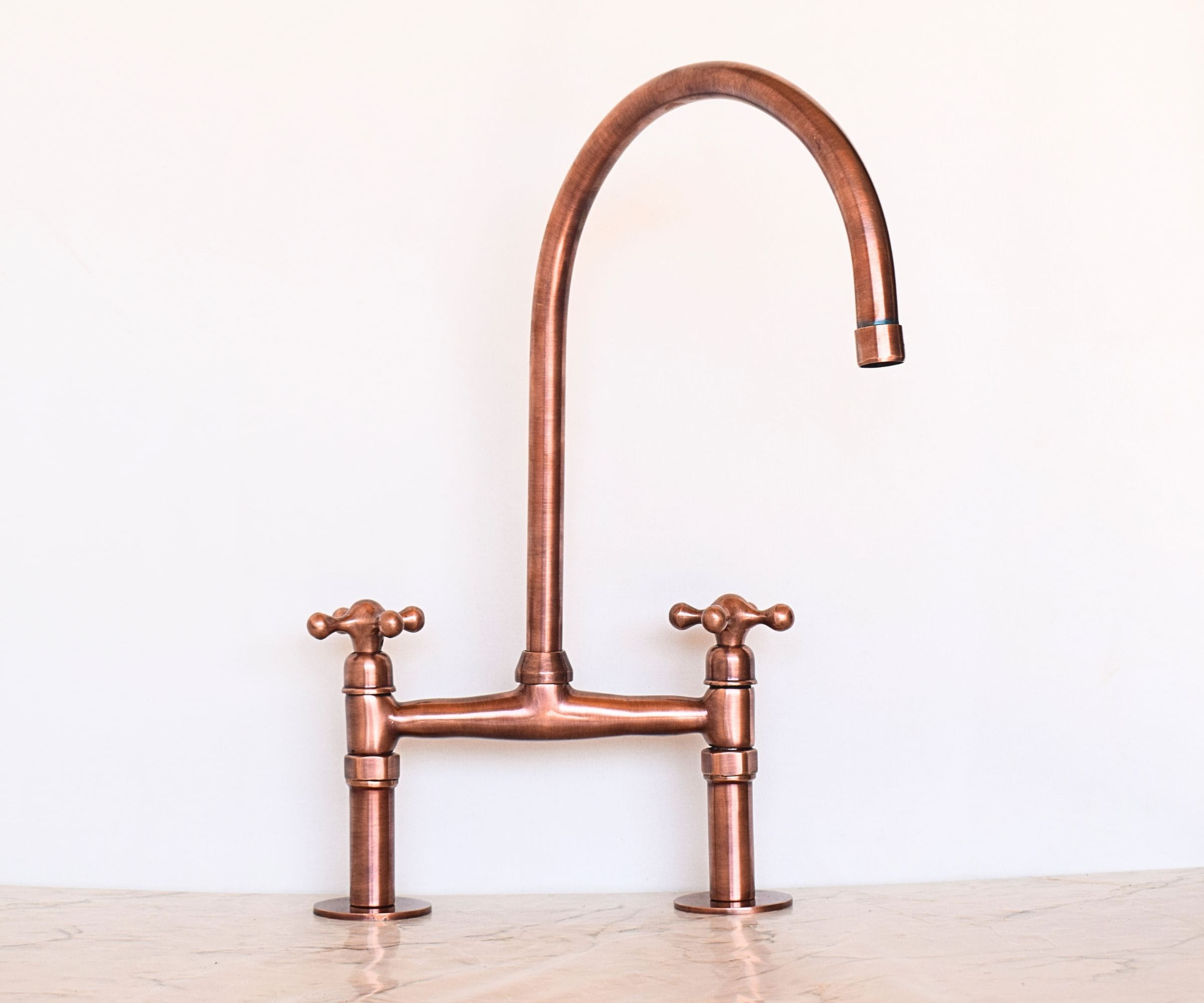 Antique Copper Kitchen Faucet – Solid Brass Bridge Faucet with Copper Finish & Swivel Spout | LuxeBrass