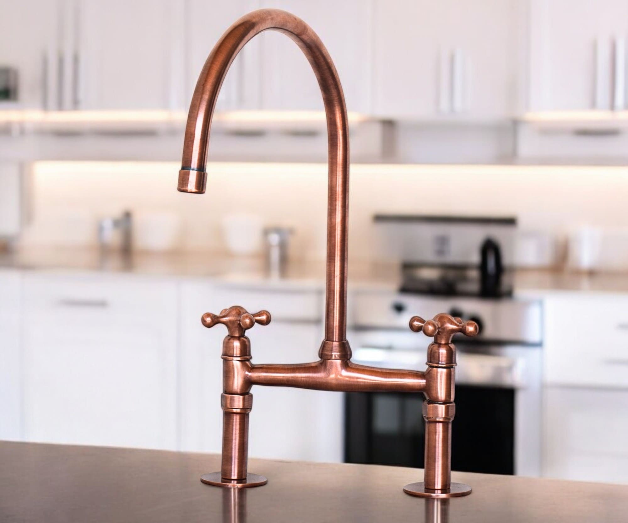 Antique Copper Kitchen Faucet – Solid Brass Bridge Faucet with Copper Finish & Swivel Spout | LuxeBrass