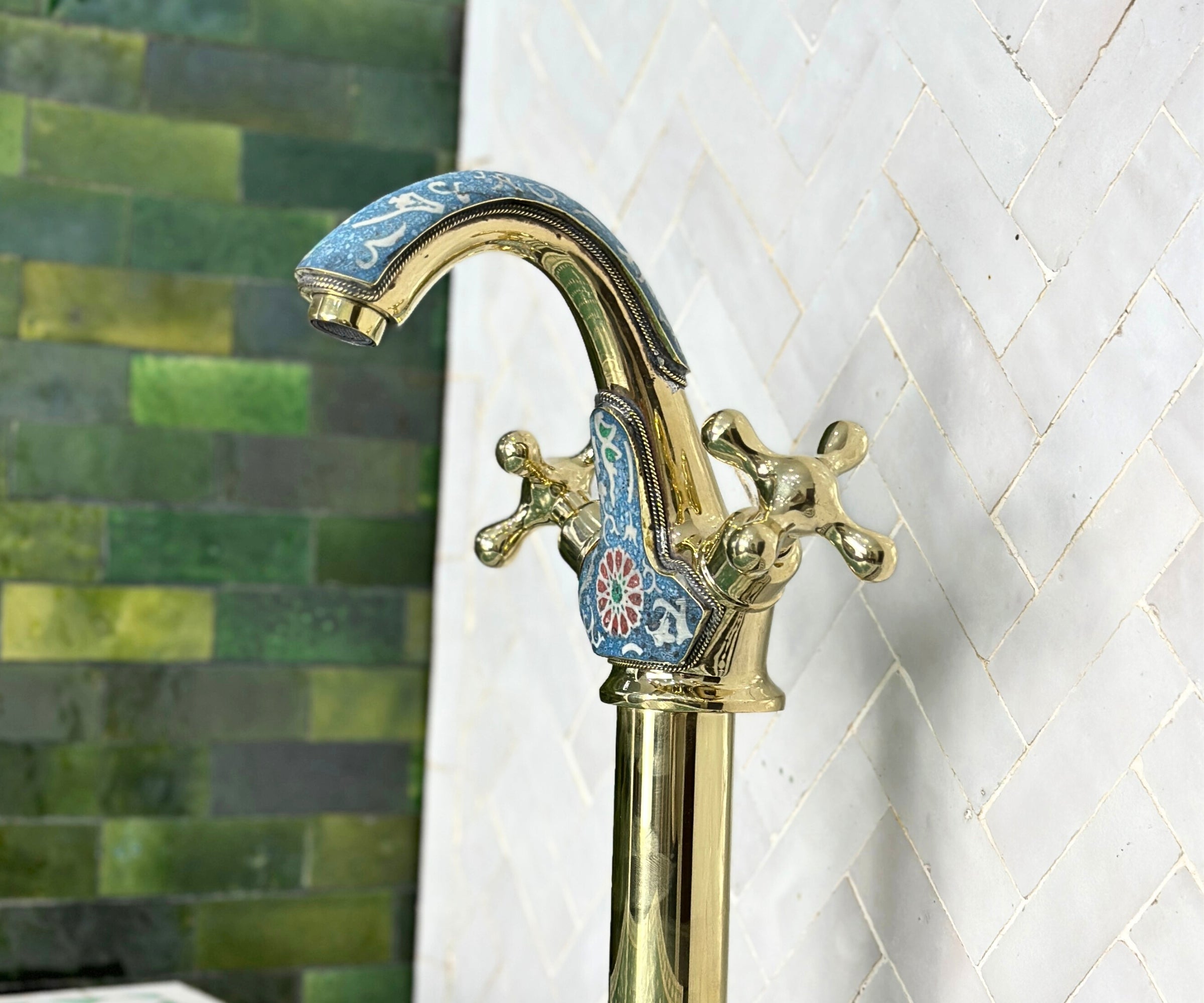Artisan Brass Vessel Sink Faucet – Handcrafted Bathroom Tap with Colorful Resin Accents