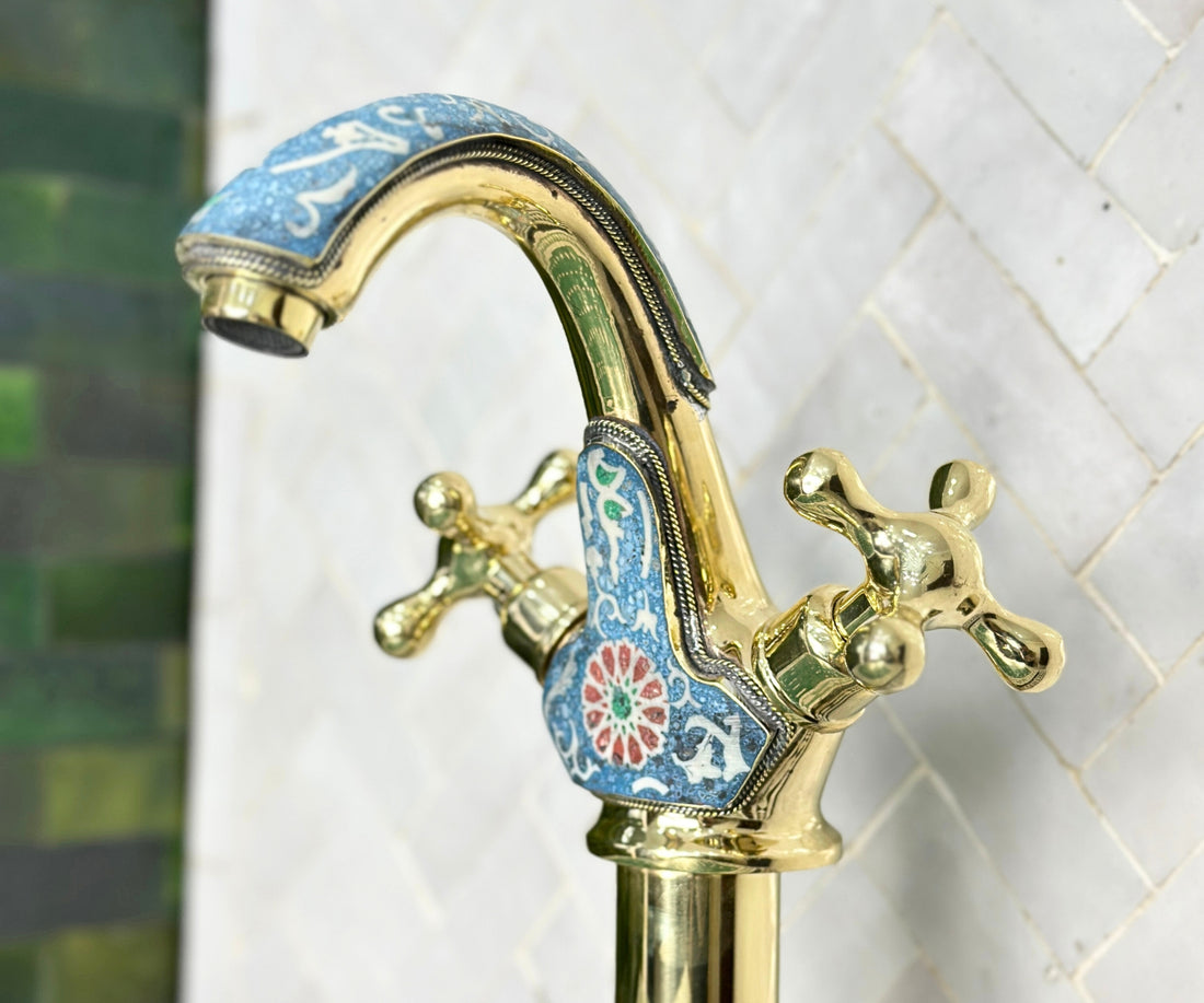 Artisan Brass Vessel Sink Faucet – Handcrafted Bathroom Tap with Colorful Resin Accents