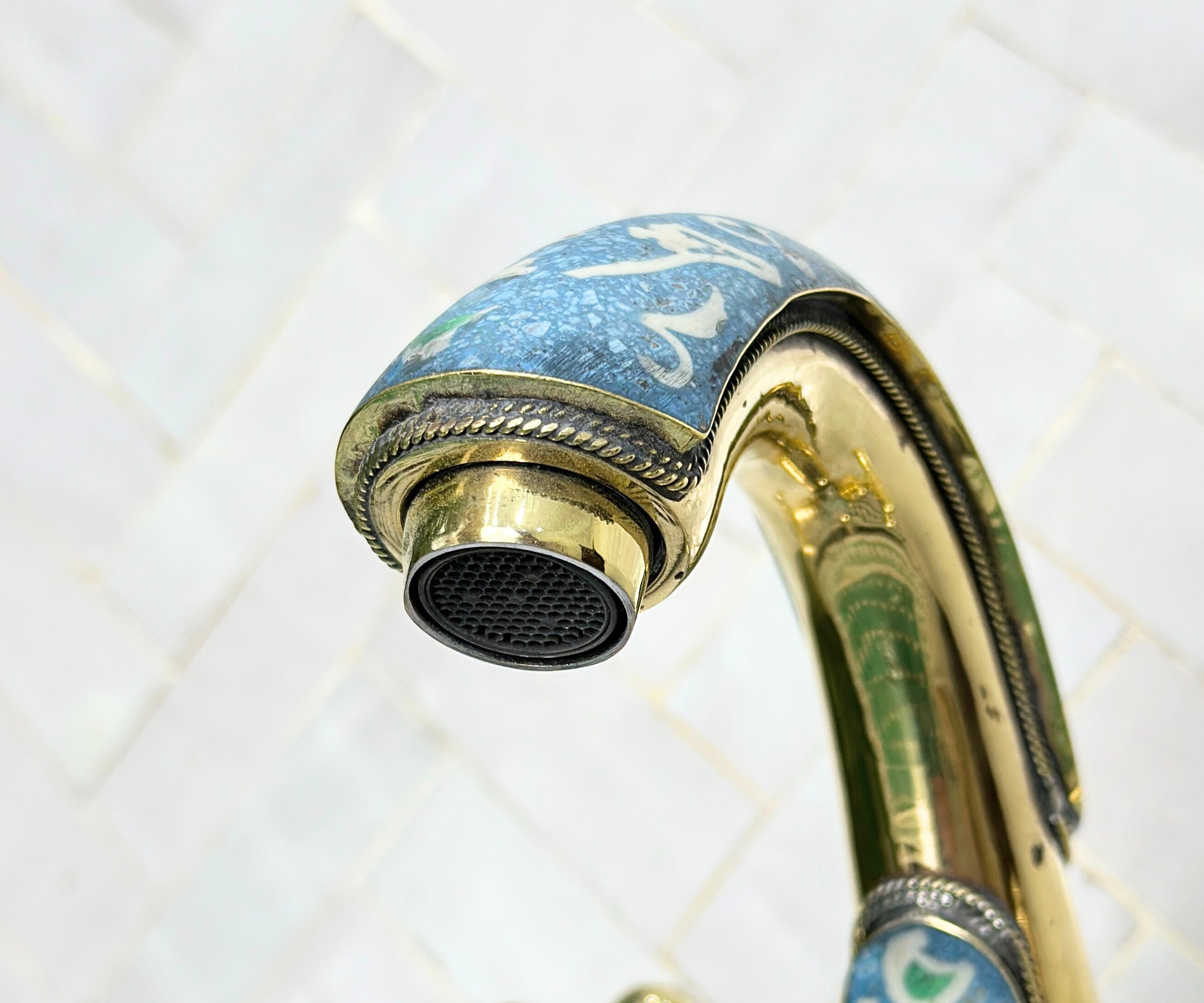 Artisan Brass Vessel Sink Faucet – Handcrafted Bathroom Tap with Colorful Resin Accents