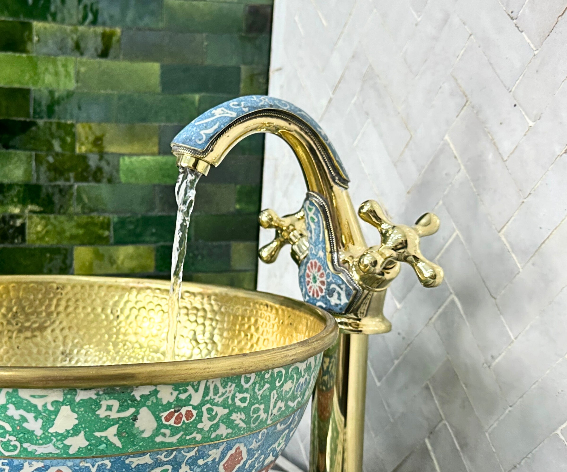 Artisan Brass Vessel Sink Faucet – Handcrafted Bathroom Tap with Colorful Resin Accents