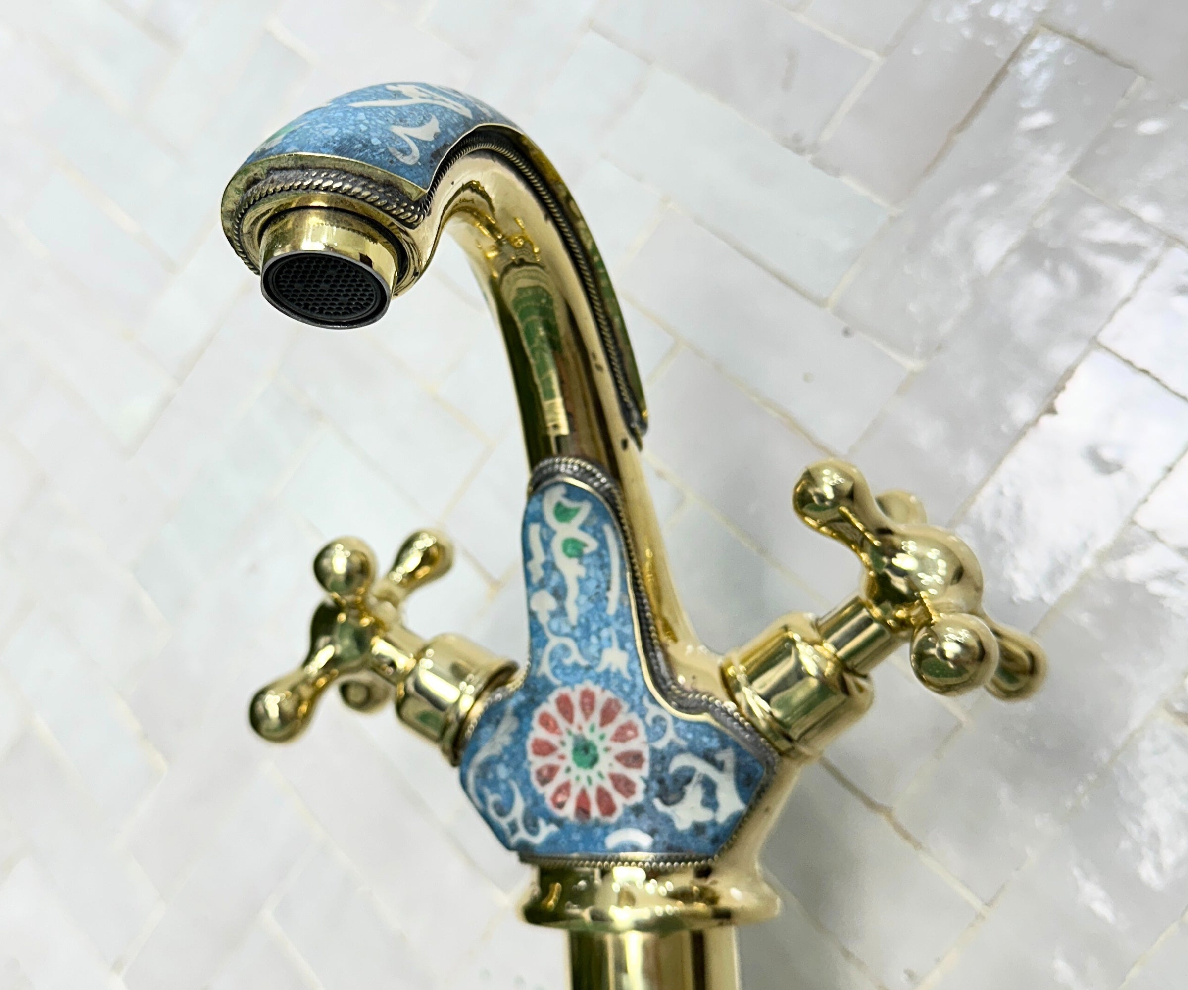 Artisan Brass Vessel Sink Faucet – Handcrafted Bathroom Tap with Colorful Resin Accents