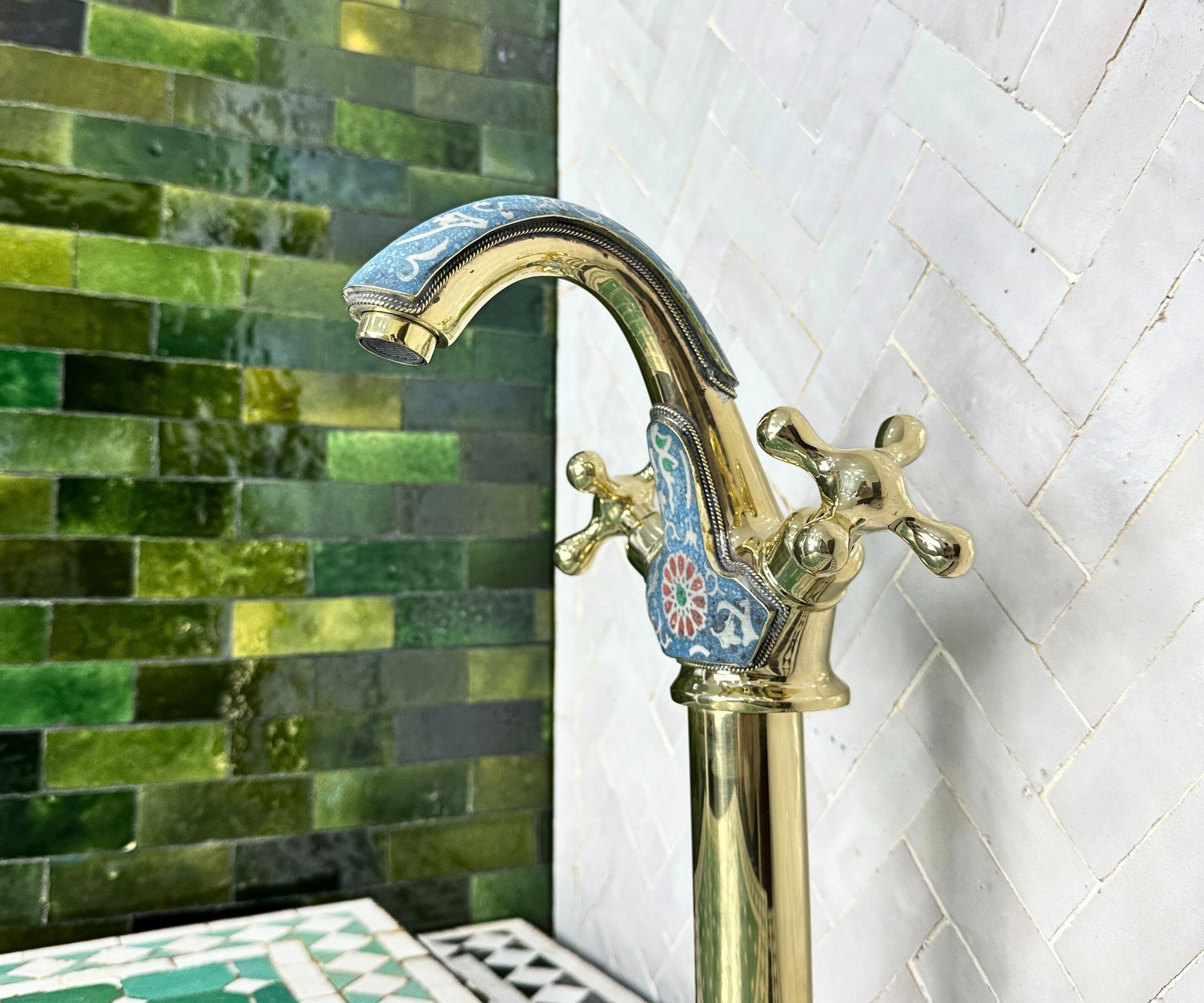 Artisan Brass Vessel Sink Faucet – Handcrafted Bathroom Tap with Colorful Resin Accents
