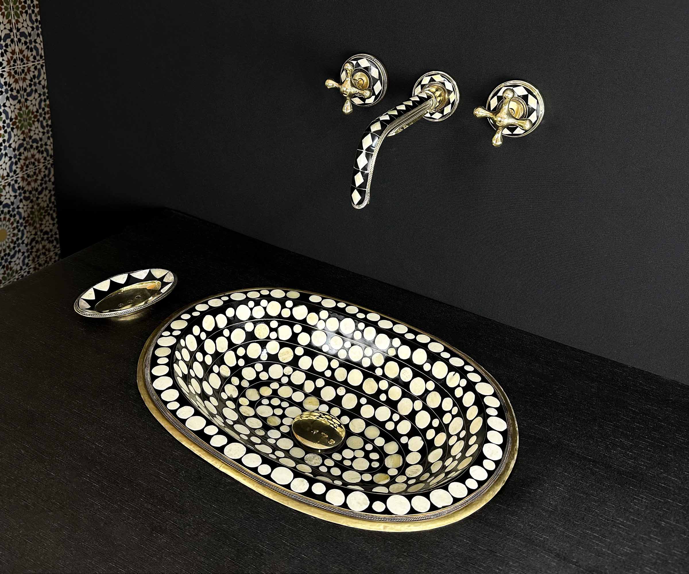 Brass Bathroom Sink with Resin and Bone Circle Accents