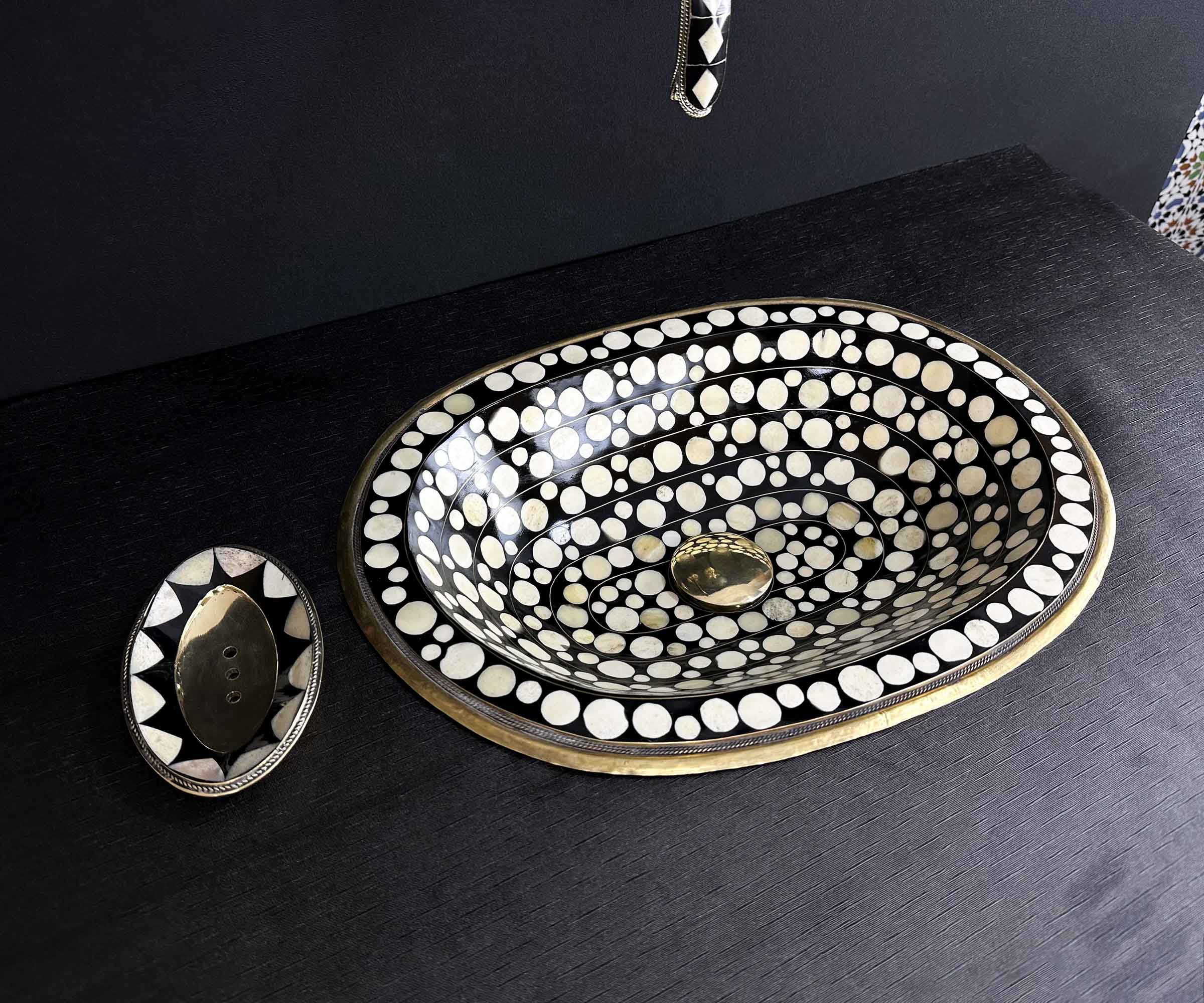 Brass Bathroom Sink with Resin and Bone Circle Accents