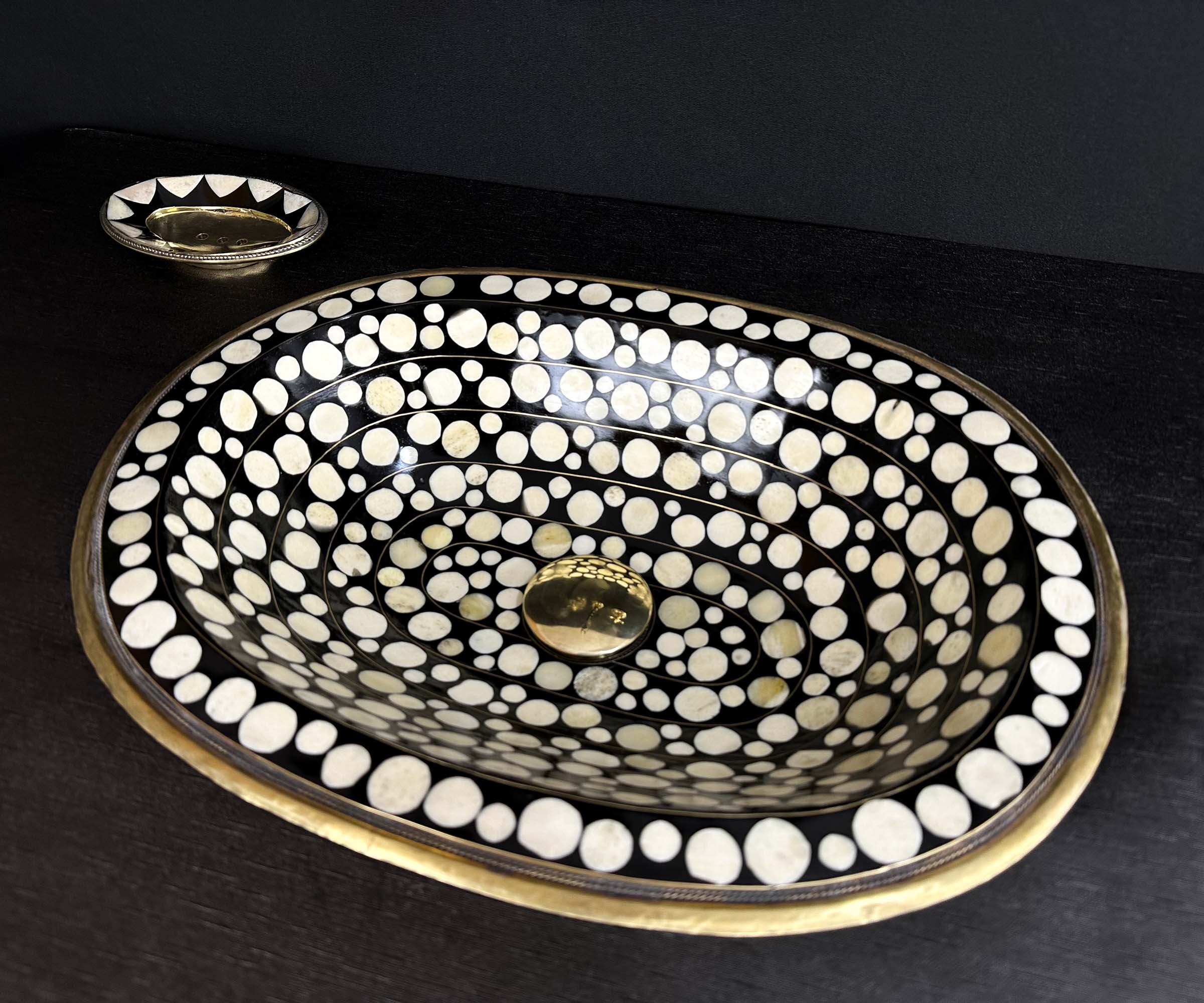 Brass Bathroom Sink with Resin and Bone Circle Accents