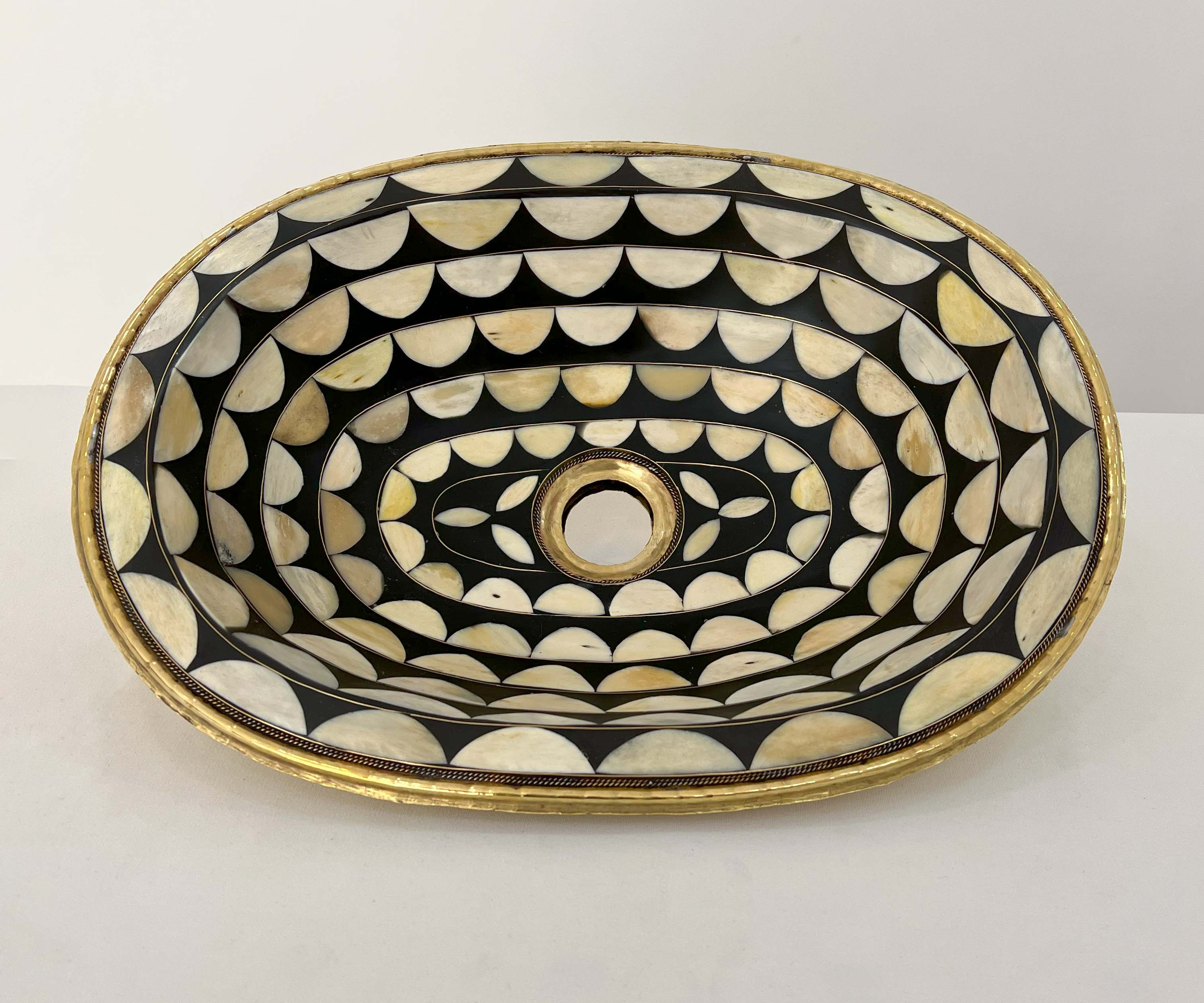 LuxeBrass Handcrafted Moroccan Drop-In Sink - Bone &amp; Resin Studded Brass - Artisanal Statement Piece