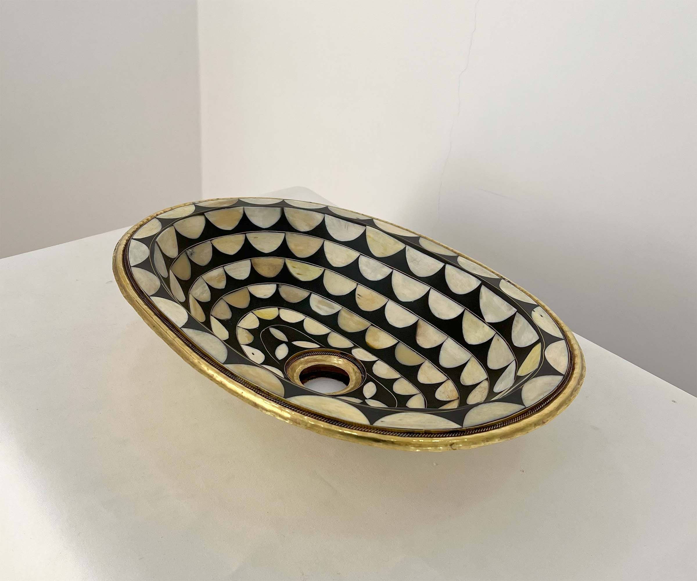 LuxeBrass Handcrafted Moroccan Drop-In Sink - Bone &amp; Resin Studded Brass - Artisanal Statement Piece