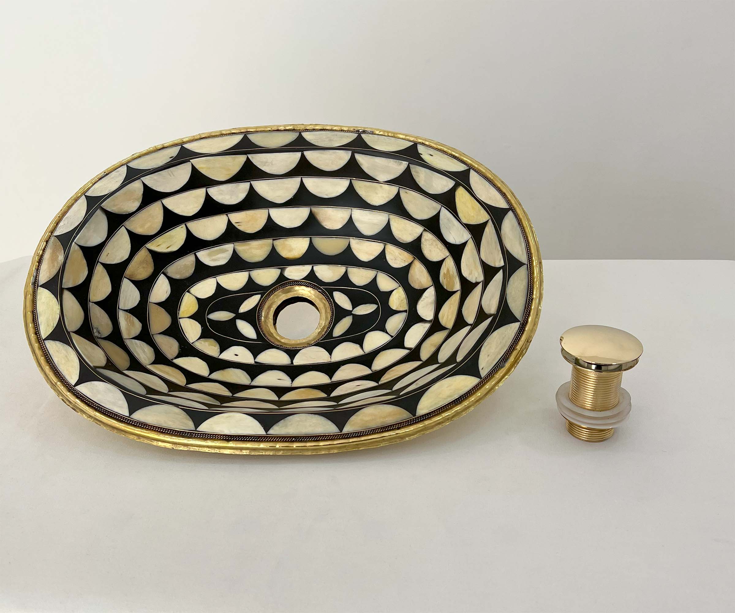 LuxeBrass Handcrafted Moroccan Drop-In Sink - Bone &amp; Resin Studded Brass - Artisanal Statement Piece