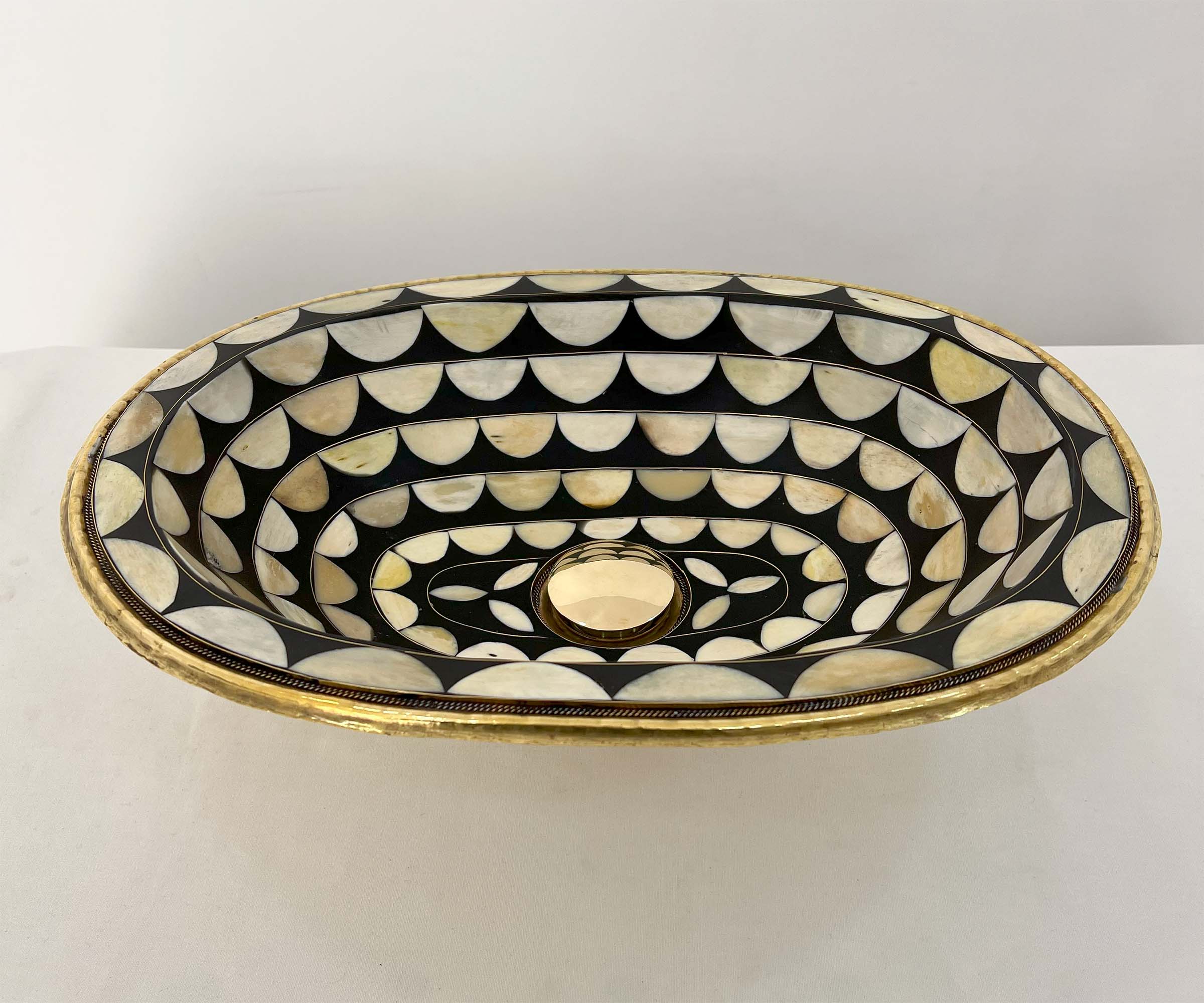 LuxeBrass Handcrafted Moroccan Drop-In Sink - Bone &amp; Resin Studded Brass - Artisanal Statement Piece