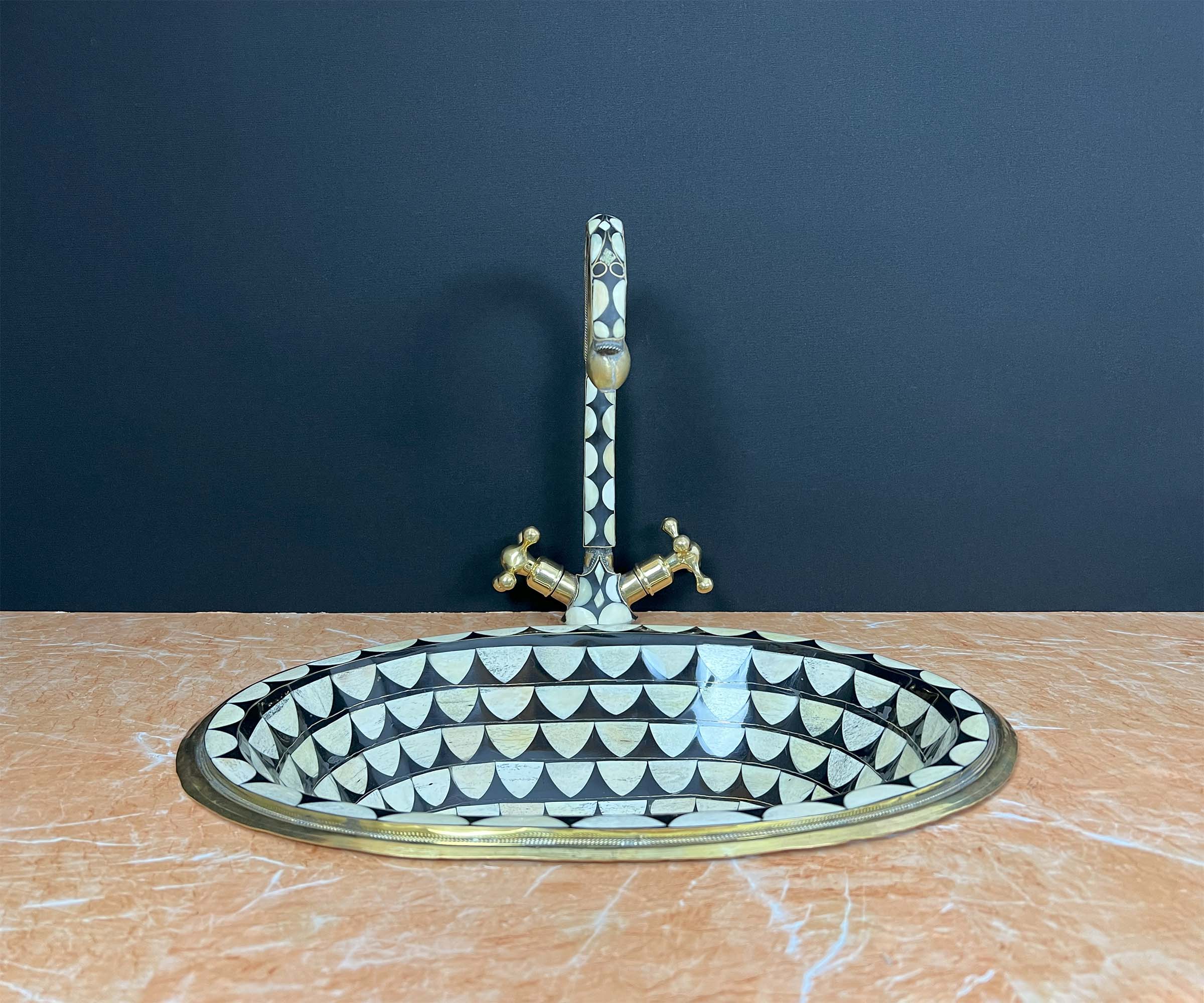 LuxeBrass Handmade Moroccan Studded Brass Faucet - Bone &amp; Black Resin Inlay - Unlacquered Finish