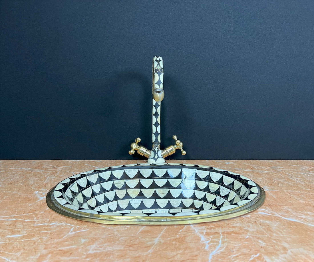 LuxeBrass Handmade Moroccan Studded Brass Faucet - Bone &amp; Black Resin Inlay - Unlacquered Finish