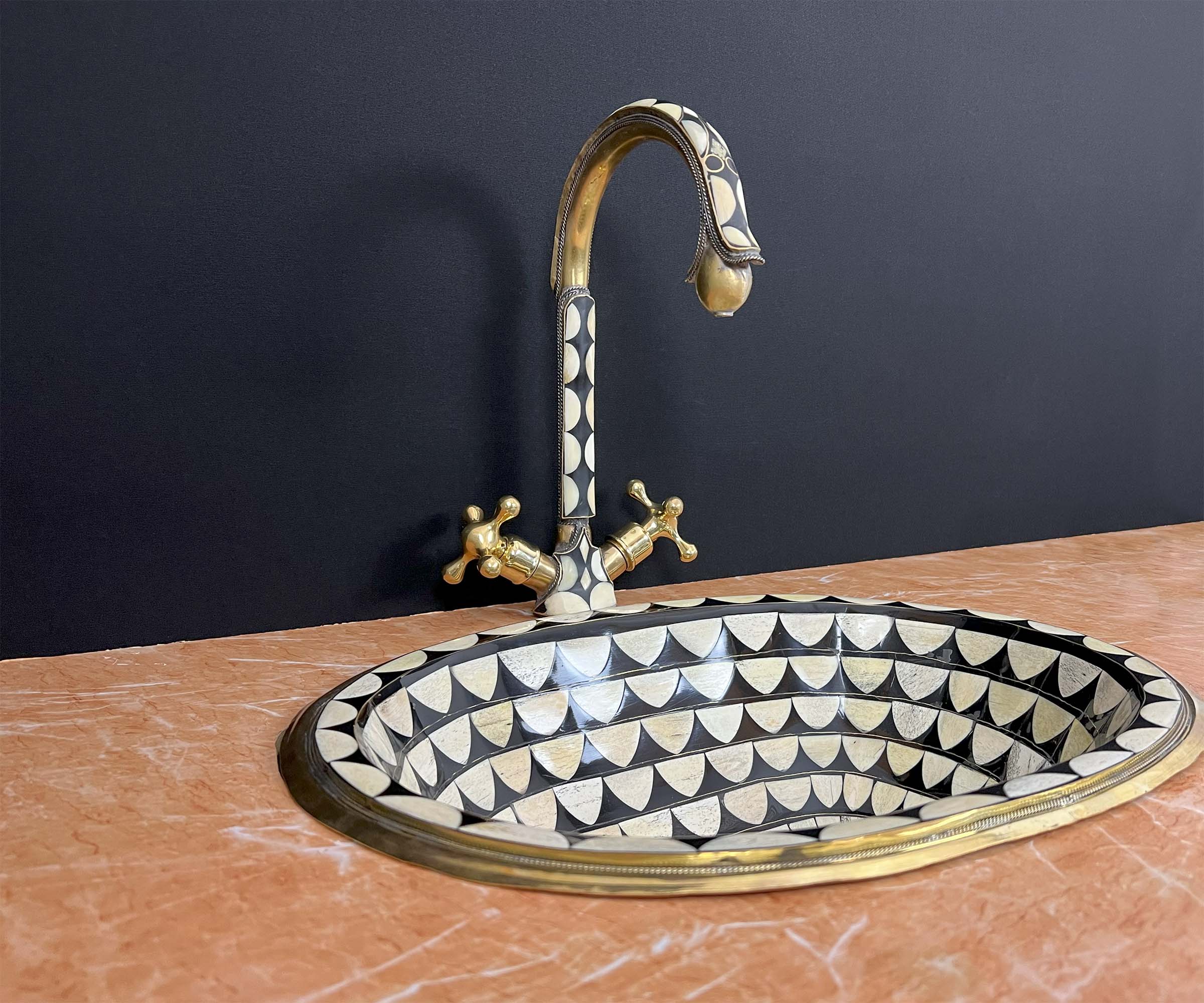 LuxeBrass Handmade Moroccan Studded Brass Faucet - Bone &amp; Black Resin Inlay - Unlacquered Finish