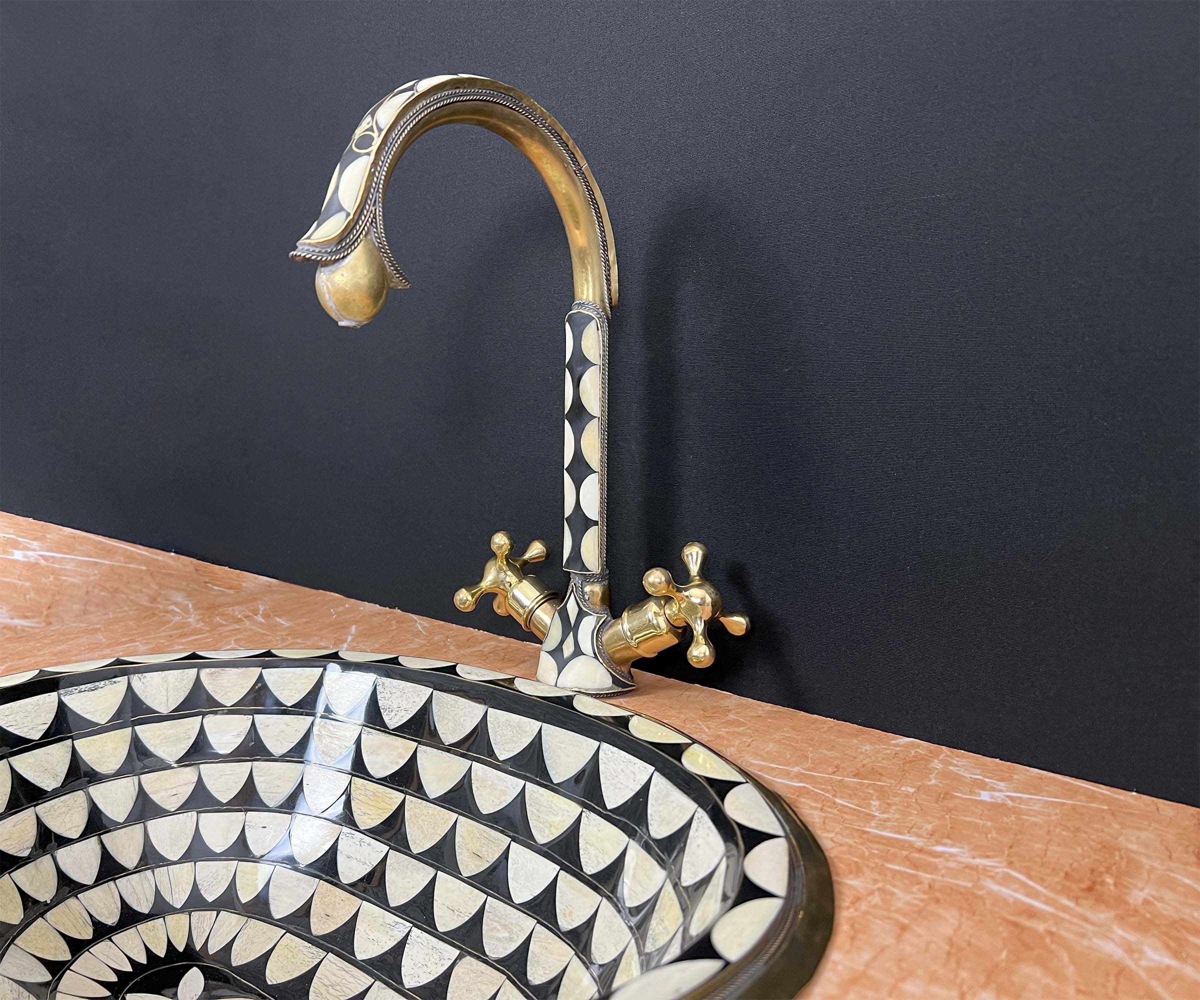 LuxeBrass Handmade Moroccan Studded Brass Faucet - Bone &amp; Black Resin Inlay - Unlacquered Finish