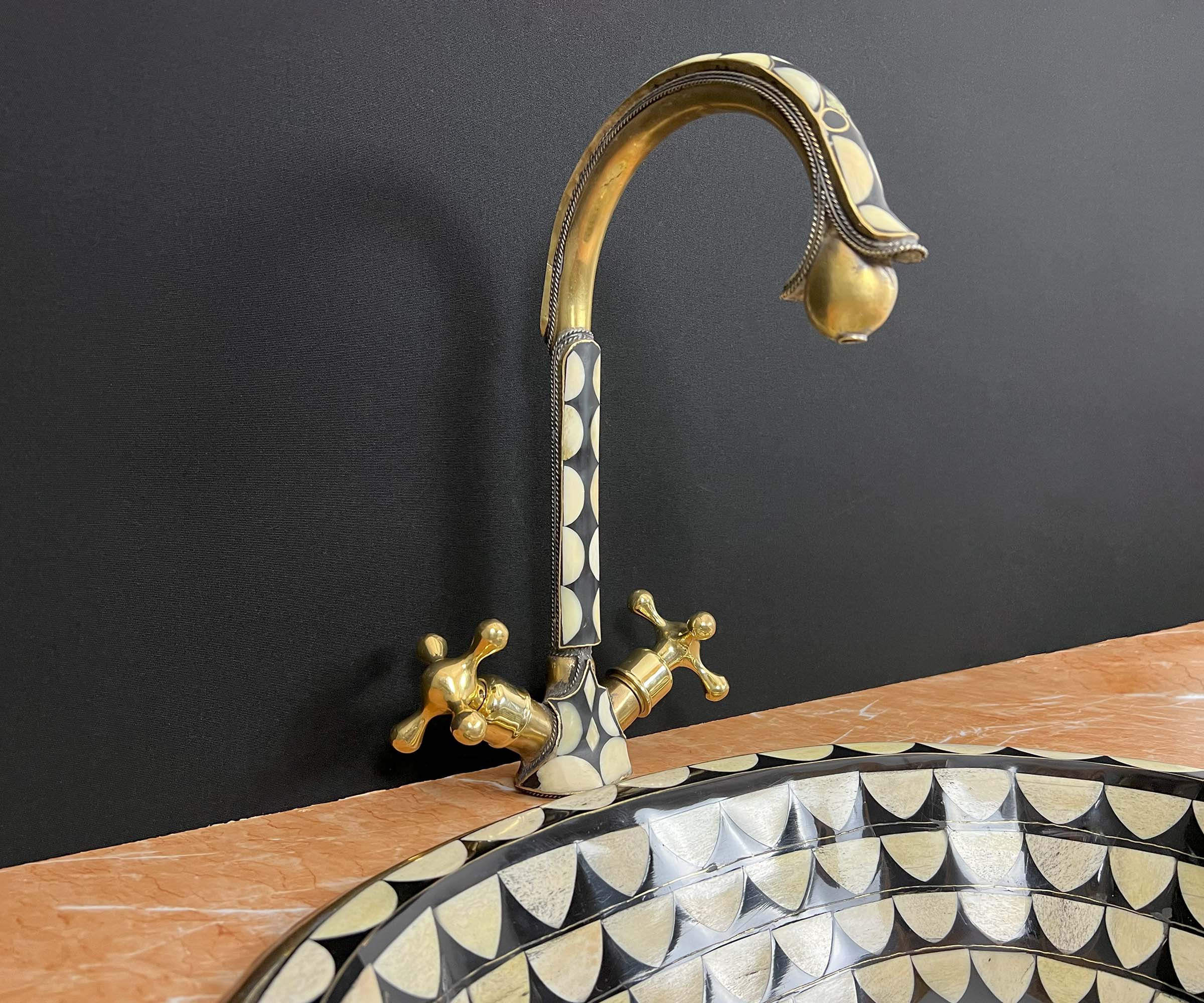 LuxeBrass Handmade Moroccan Studded Brass Faucet - Bone &amp; Black Resin Inlay - Unlacquered Finish