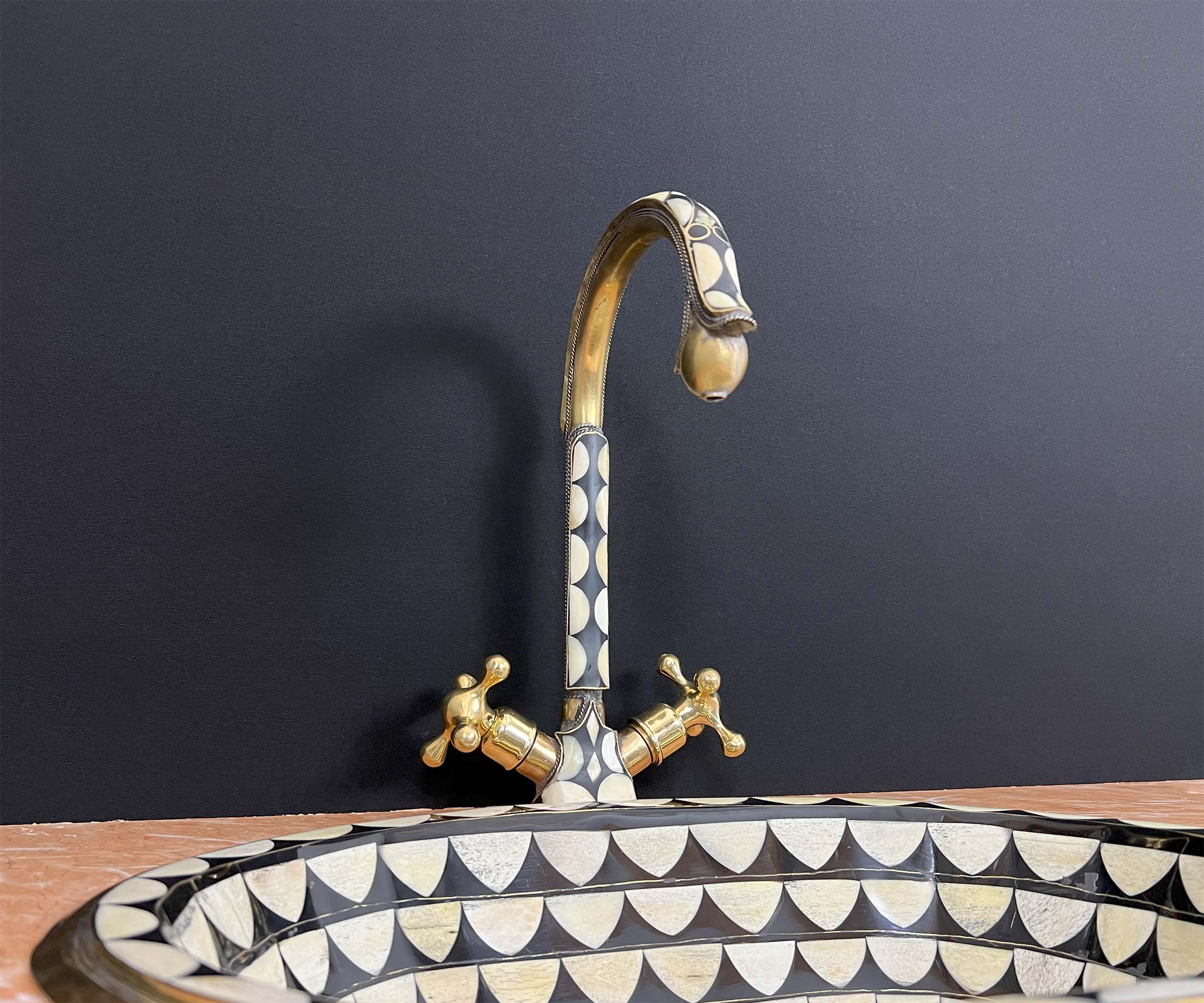 LuxeBrass Handmade Moroccan Studded Brass Faucet - Bone &amp; Black Resin Inlay - Unlacquered Finish