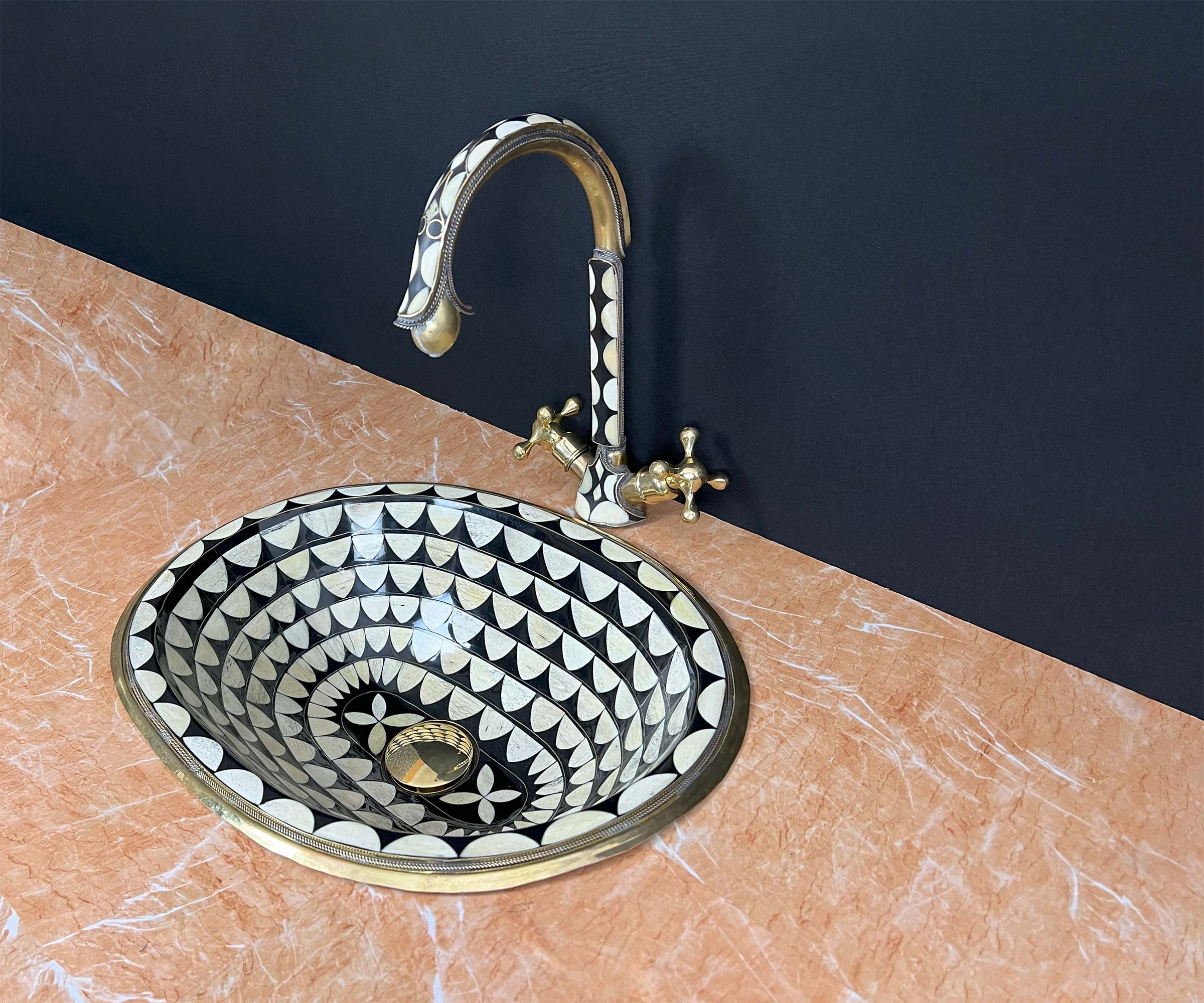 LuxeBrass Handmade Moroccan Studded Brass Faucet - Bone &amp; Black Resin Inlay - Unlacquered Finish