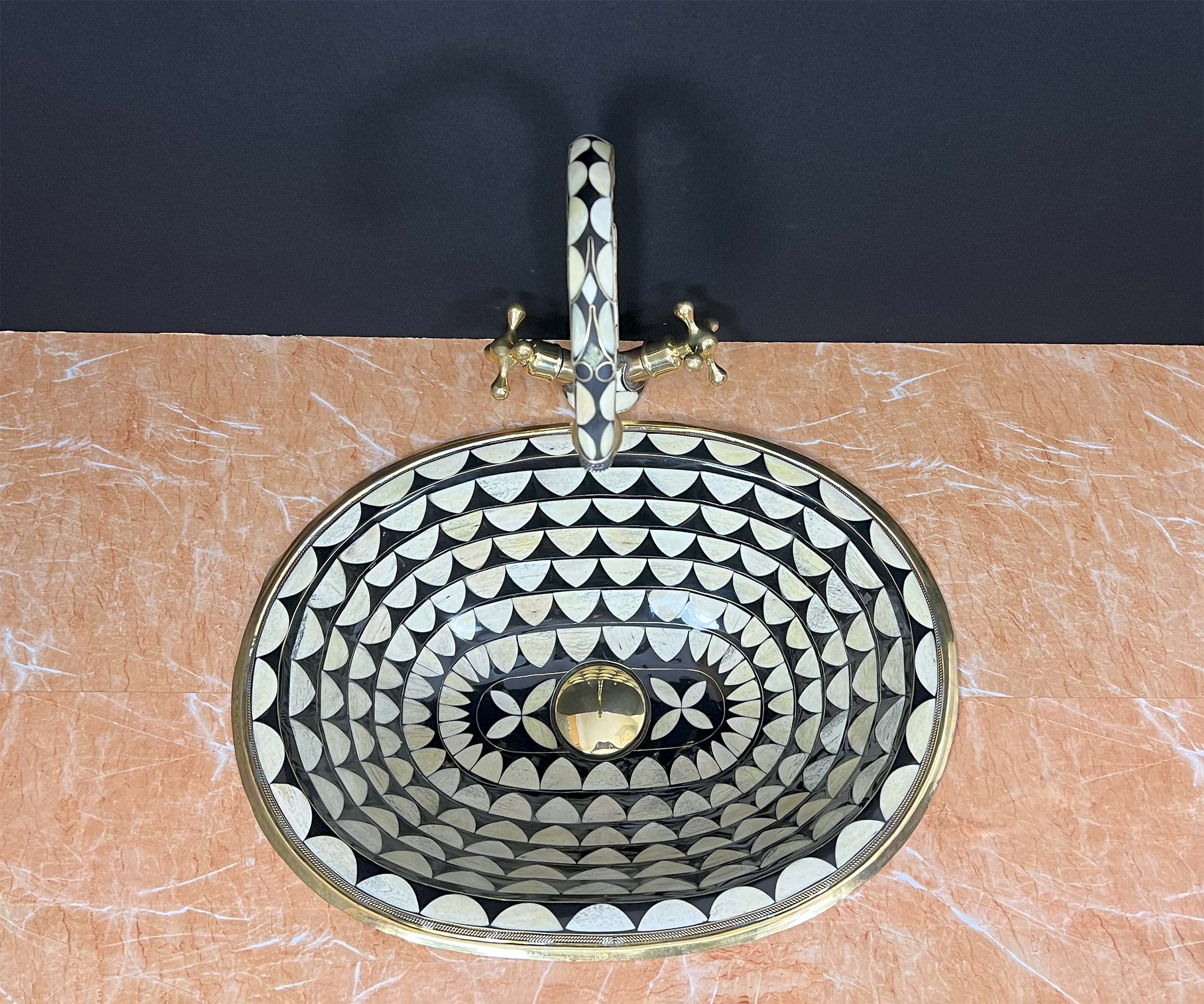 LuxeBrass Handmade Moroccan Studded Brass Faucet - Bone &amp; Black Resin Inlay - Unlacquered Finish