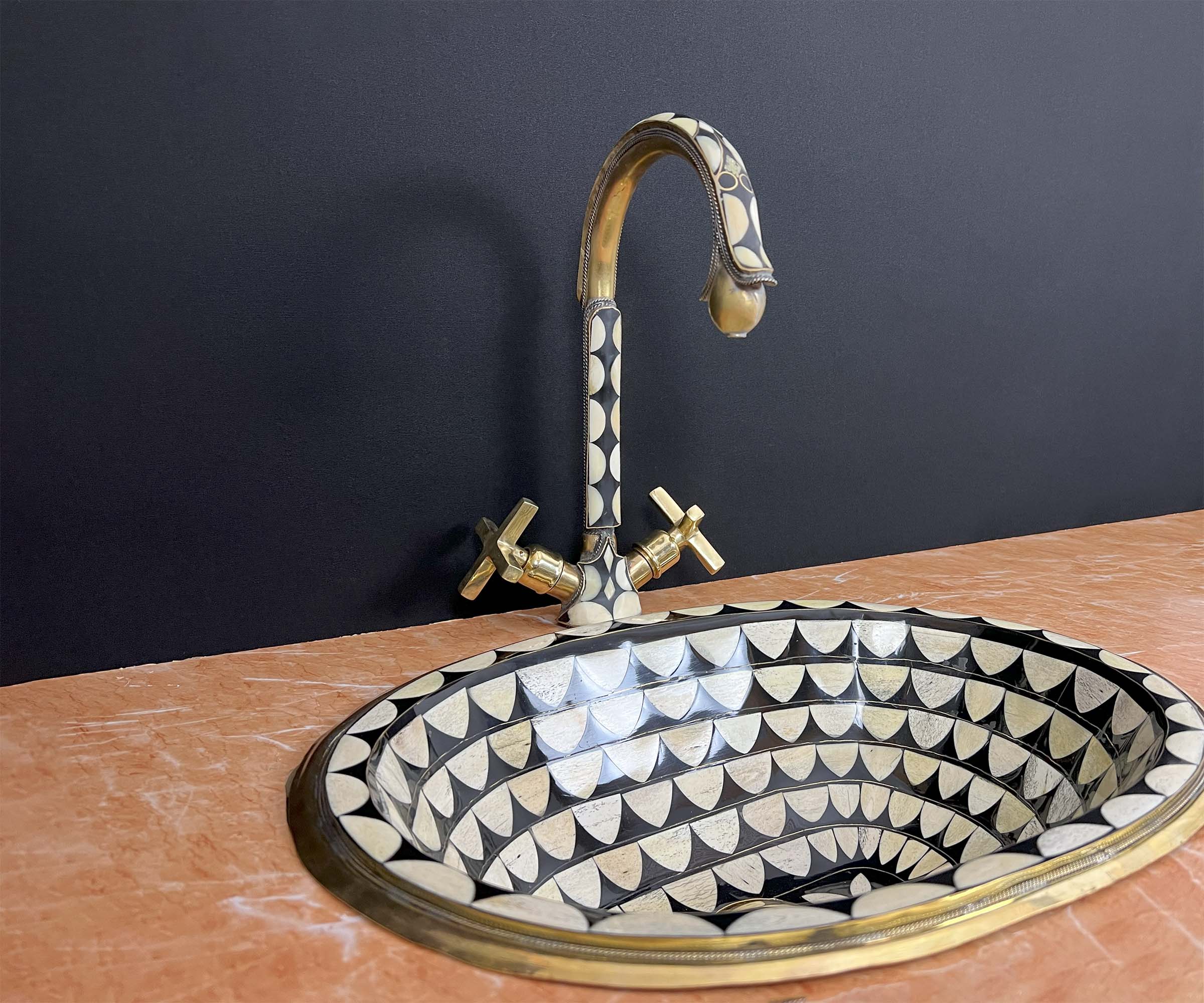 LuxeBrass Handmade Moroccan Studded Brass Faucet - Bone &amp; Black Resin Inlay - Unlacquered Finish
