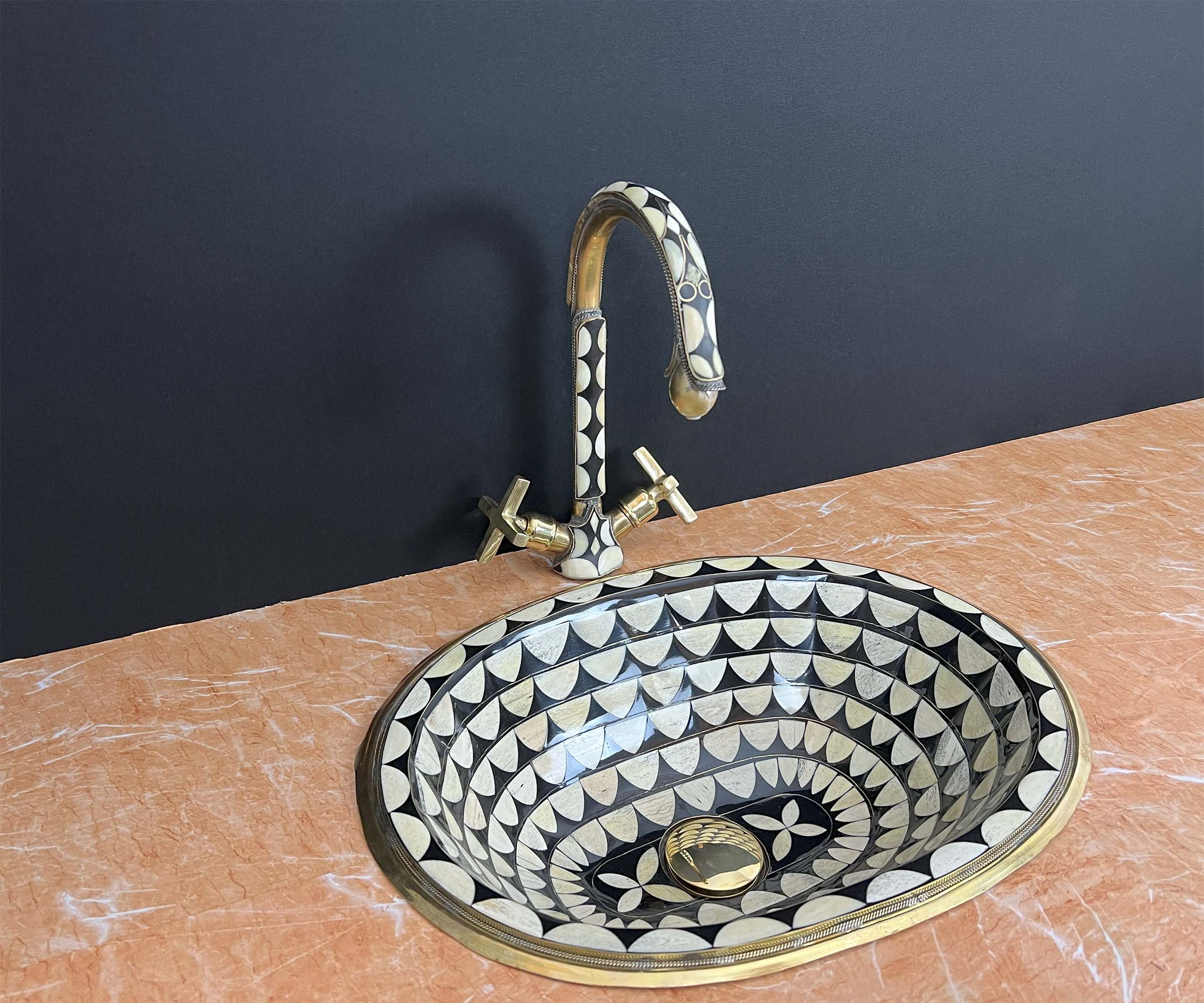 LuxeBrass Handmade Moroccan Studded Brass Faucet - Bone &amp; Black Resin Inlay - Unlacquered Finish