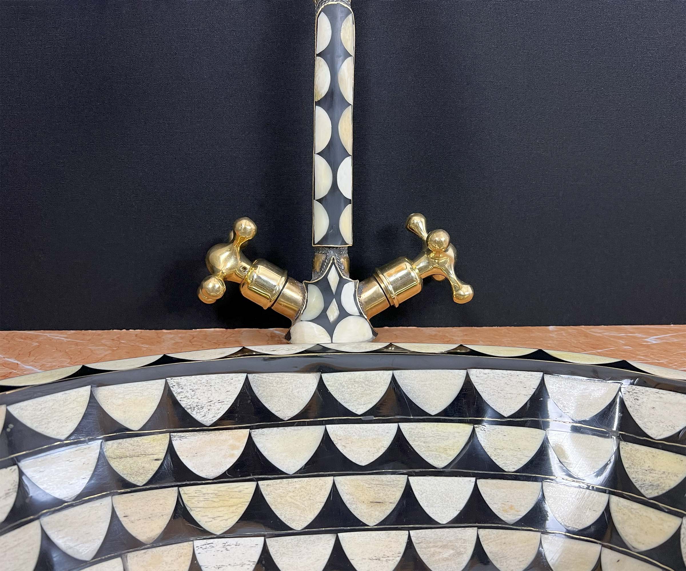 LuxeBrass Handmade Moroccan Studded Brass Faucet - Bone &amp; Black Resin Inlay - Unlacquered Finish